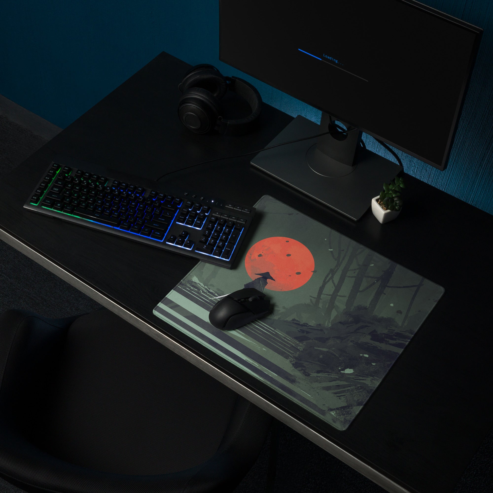 Samurai Warrior Moonlit Forest Gaming Mouse Pad Green Black Red Non Slip Edge Stitch