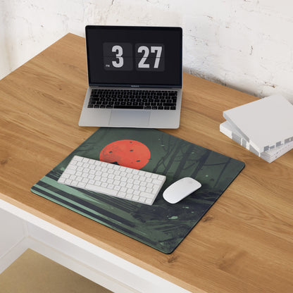 Samurai Warrior Moonlit Forest Gaming Mouse Pad Green Black Red Non Slip Edge Stitch