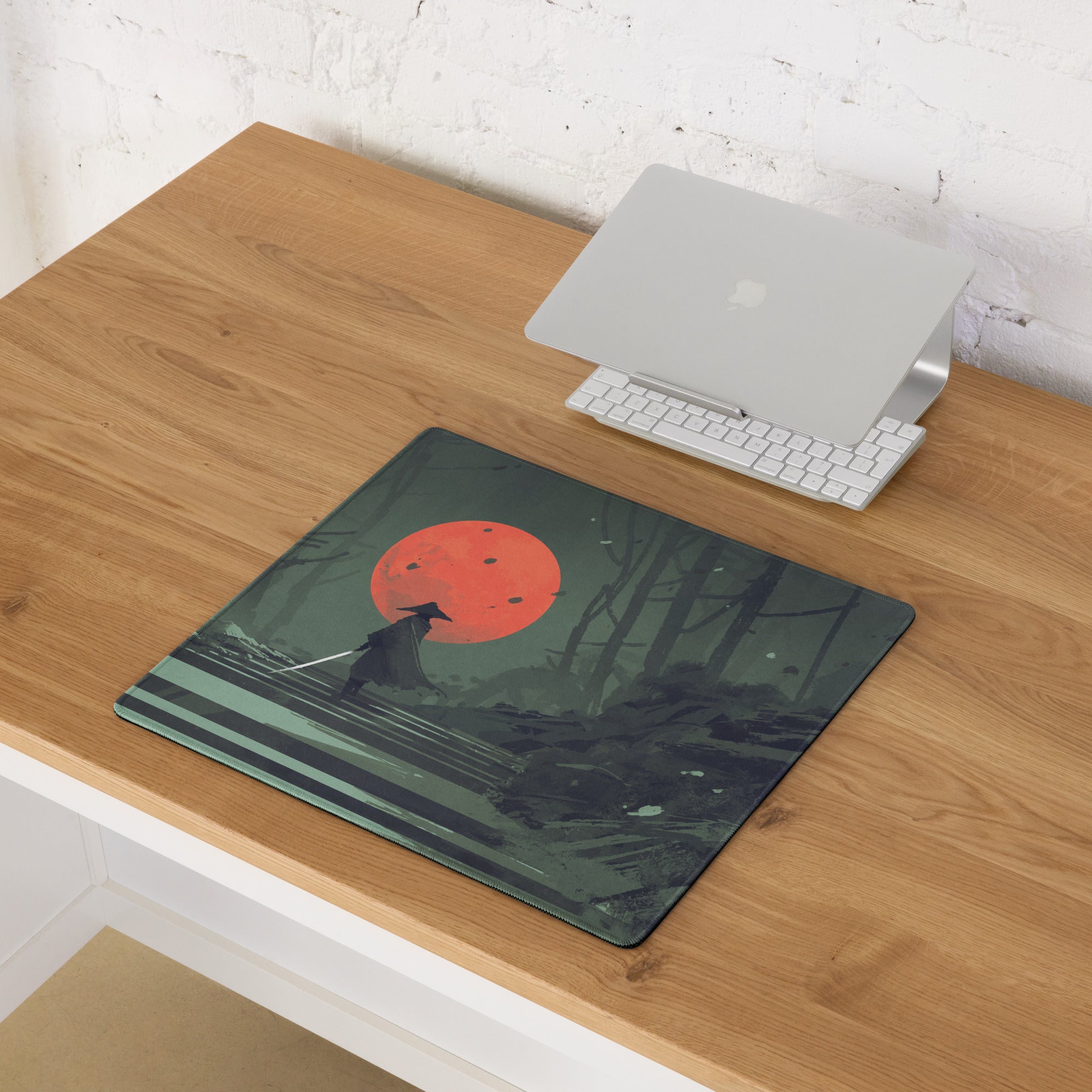 Samurai Warrior Moonlit Forest Gaming Mouse Pad Green Black Red Non Slip Edge Stitch