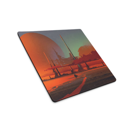 Gaming Mouse Pad Orange Teal Sunset Cityscape For Gaming Desk Setup Retro Futuristic Cyberpunk Style
