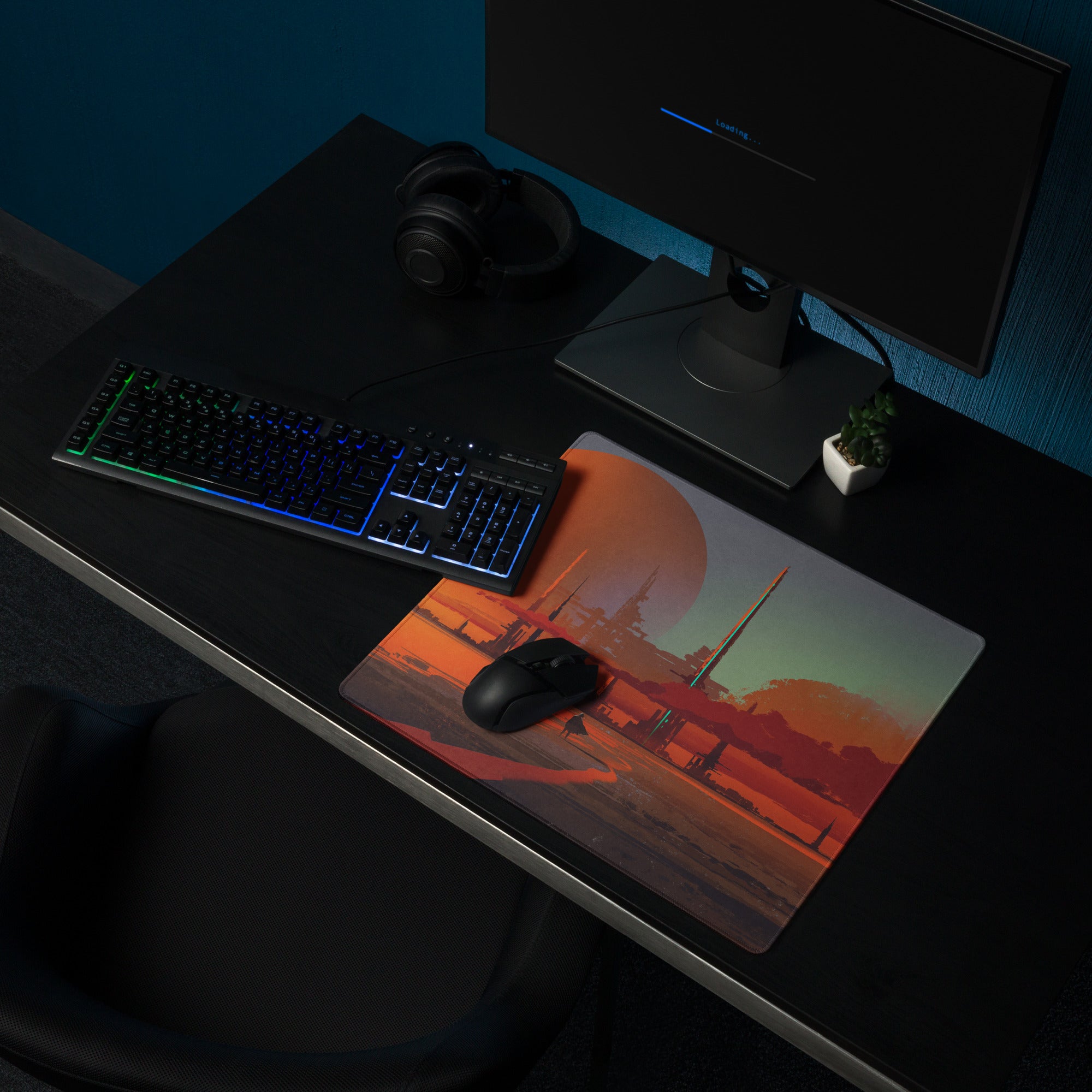 Gaming Mouse Pad Orange Teal Sunset Cityscape For Gaming Desk Setup Retro Futuristic Cyberpunk Style