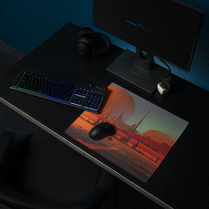 Gaming Mouse Pad Orange Teal Sunset Cityscape For Gaming Desk Setup Retro Futuristic Cyberpunk Style