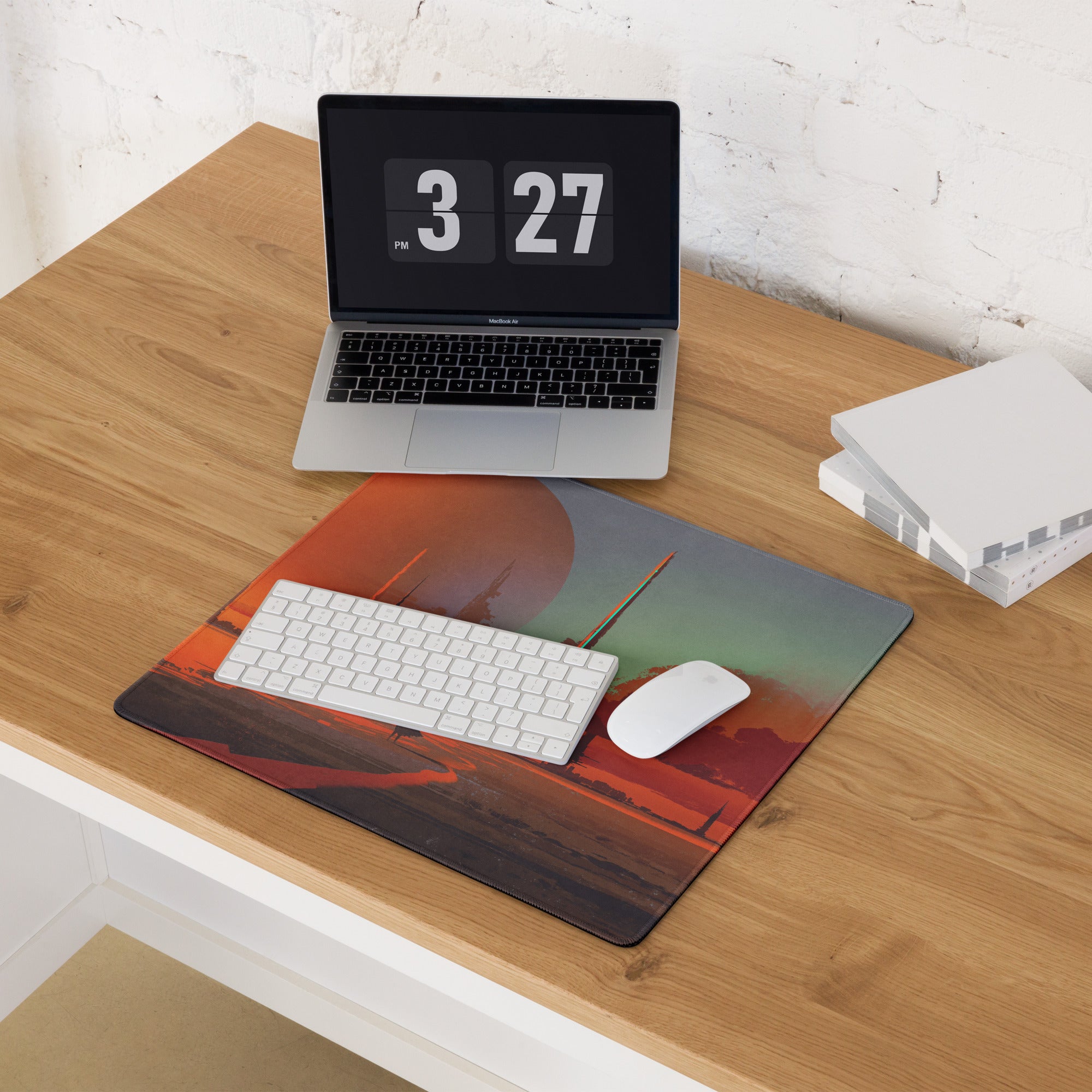 Gaming Mouse Pad Orange Teal Sunset Cityscape For Gaming Desk Setup Retro Futuristic Cyberpunk Style