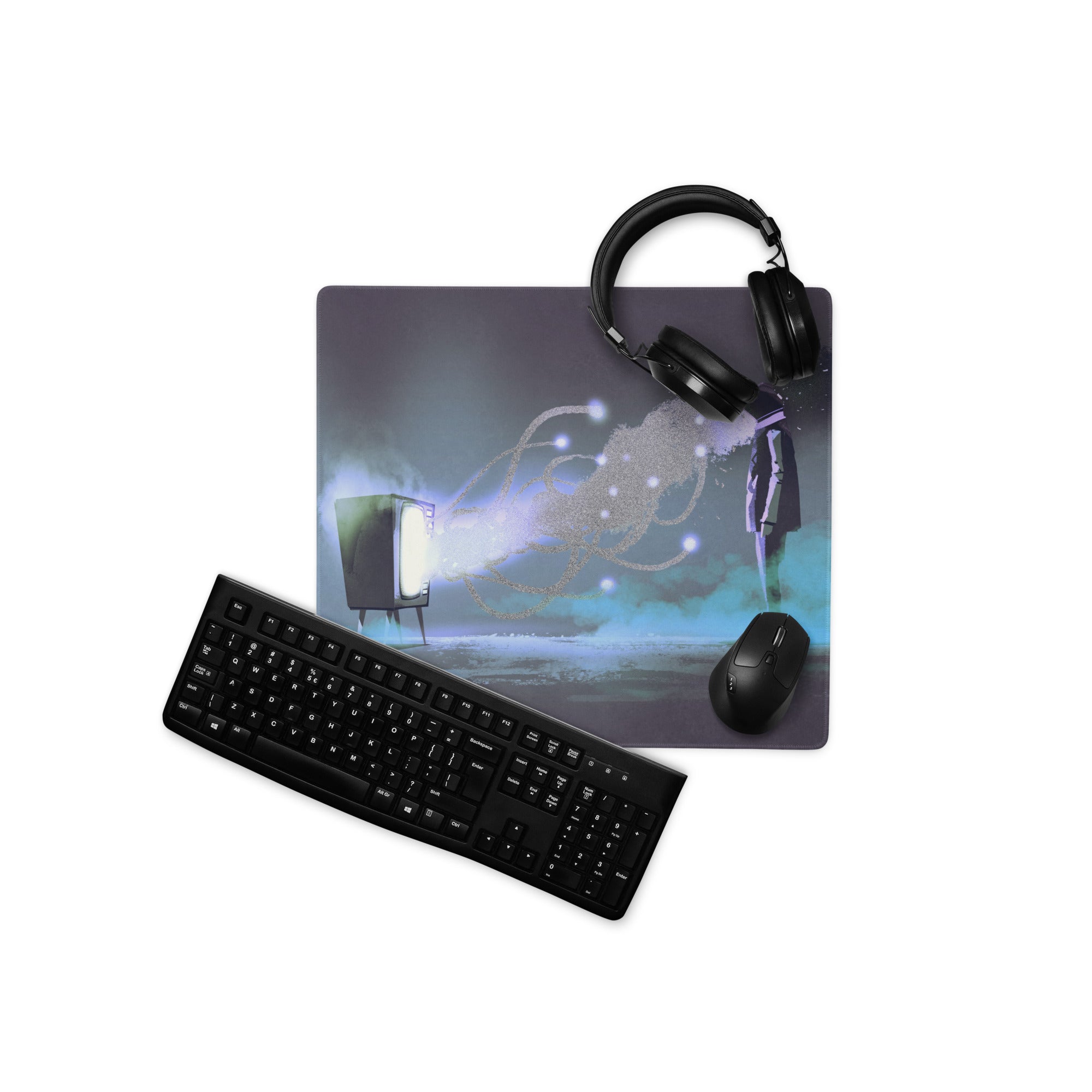 Gaming Mouse Pad Dark Navy Blue Purple Teal Neon for Desk Setup Cyberpunk Style Large Non Slip Edge Stitched