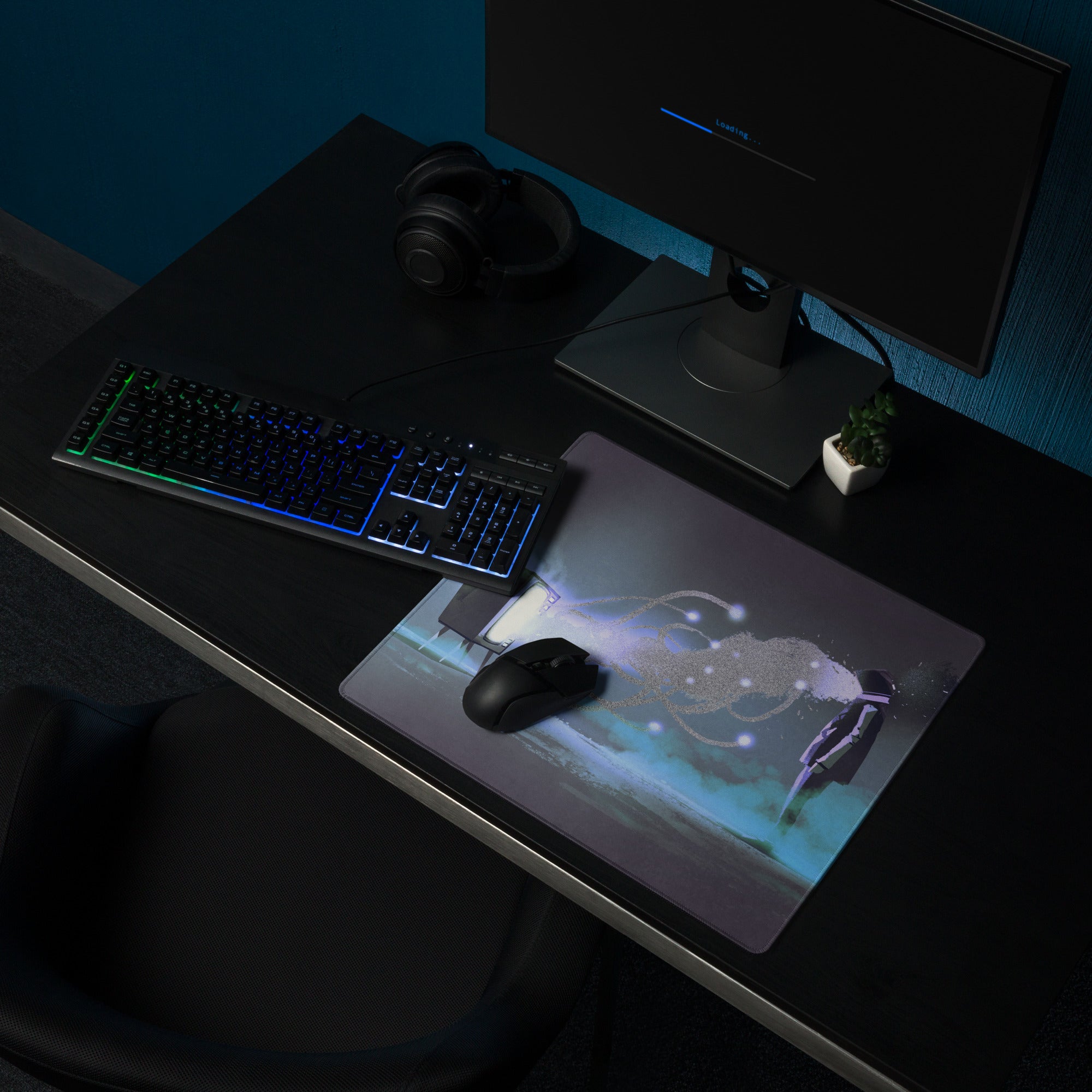 Gaming Mouse Pad Dark Navy Blue Purple Teal Neon for Desk Setup Cyberpunk Style Large Non Slip Edge Stitched