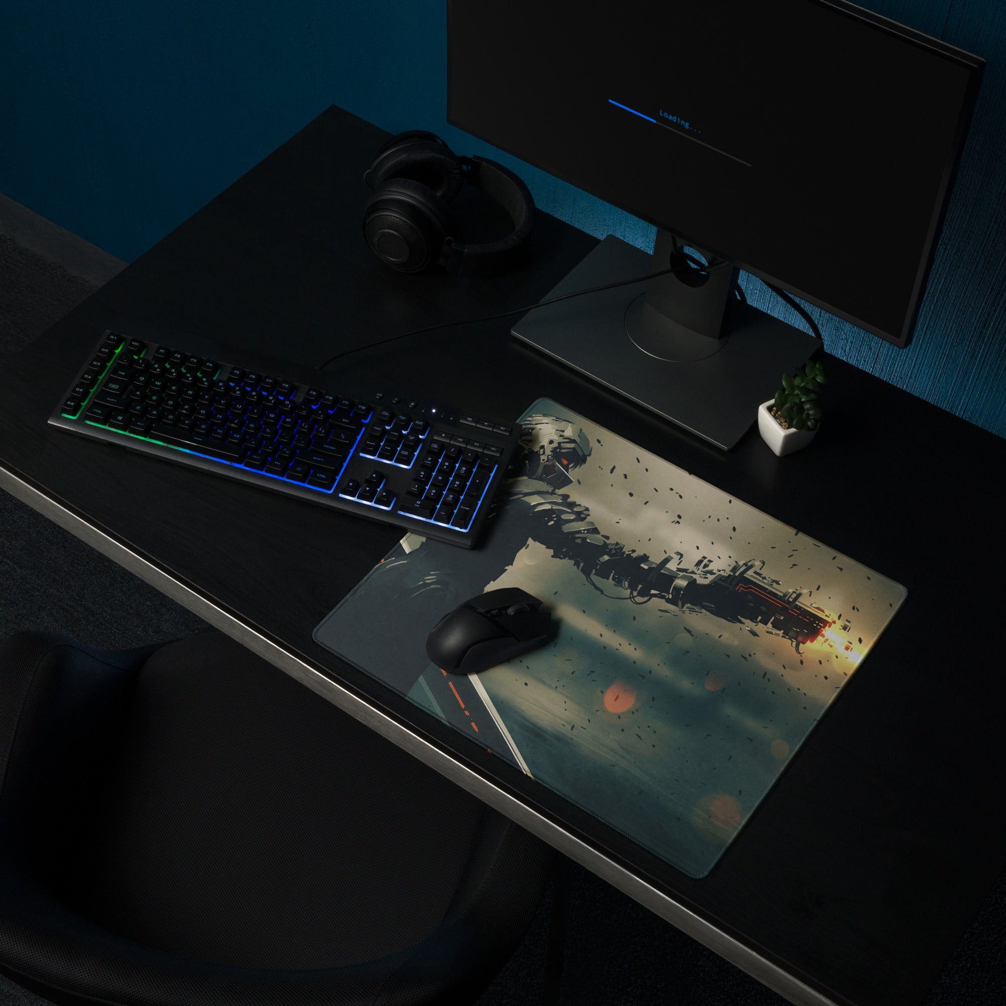 Dark Blue Black Orange Mech Battle Gaming Mouse Pad For Desk Setup Sci Fi Digital Art