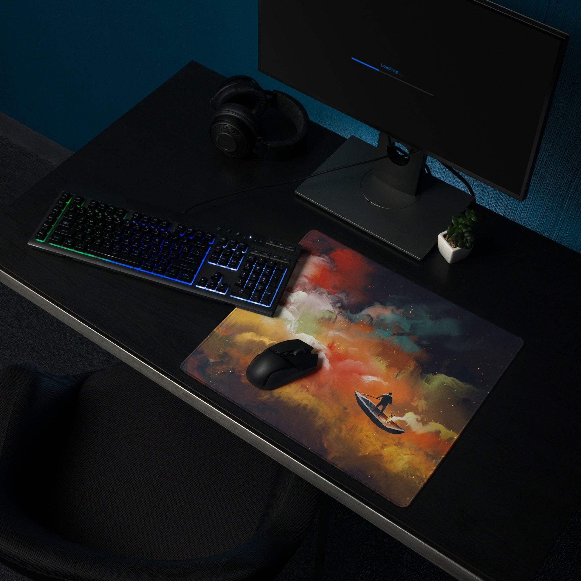 A vibrant rectangular gaming mousepad with surreal surfer artwork in orange teal cosmic clouds for cinematic gaming