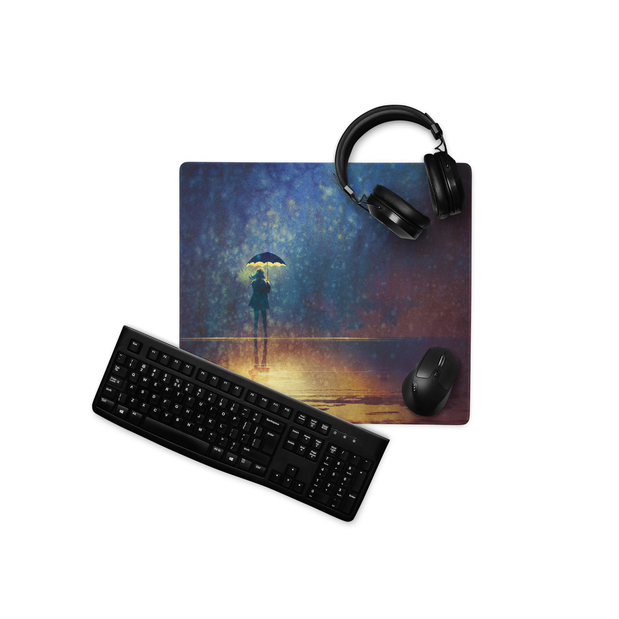 Gaming Mouse Pad Navy Blue And Amber Gradient With Umbrella Silhouette For Gaming Desk Moody Cinematic Art Style