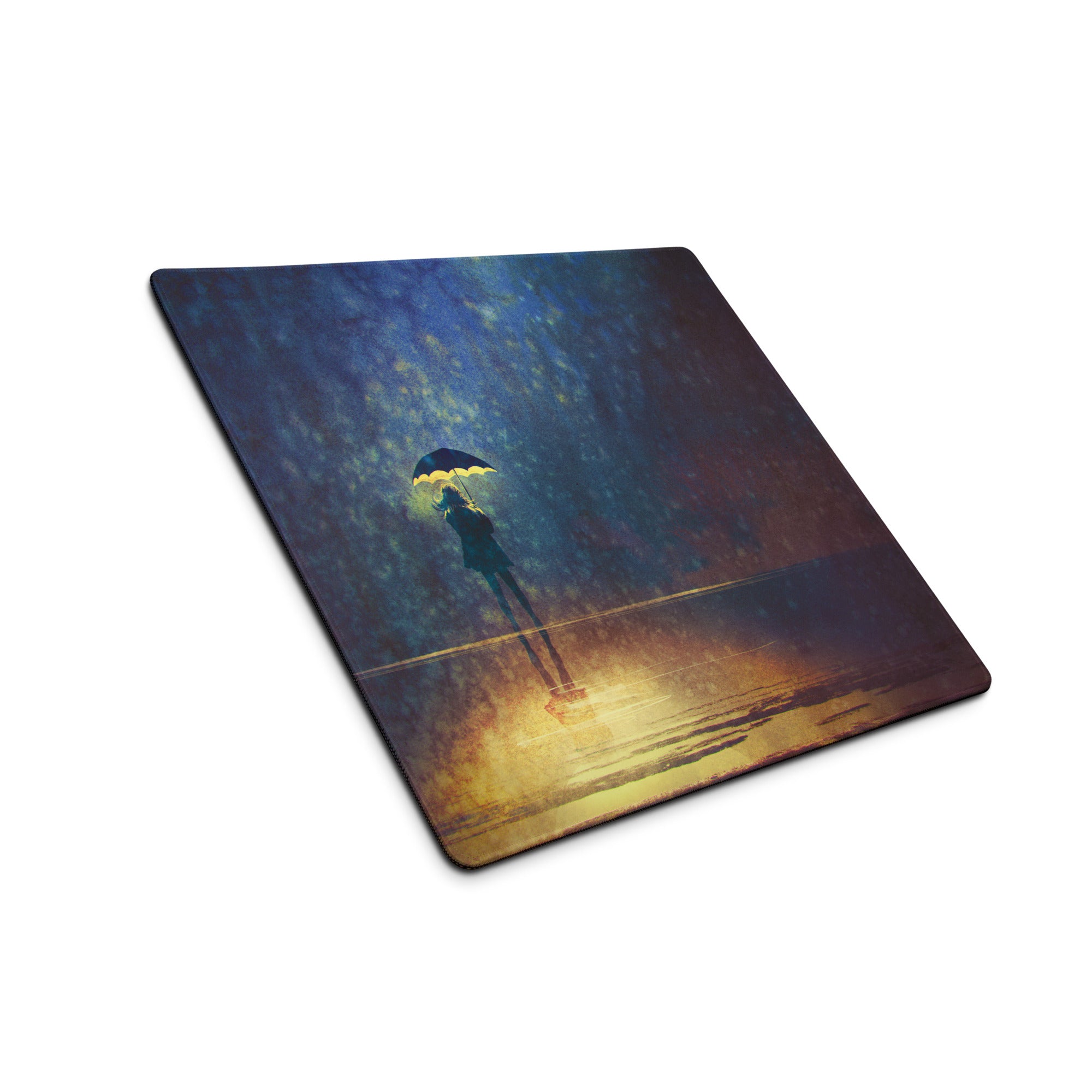 Gaming Mouse Pad Navy Blue And Amber Gradient With Umbrella Silhouette For Gaming Desk Moody Cinematic Art Style