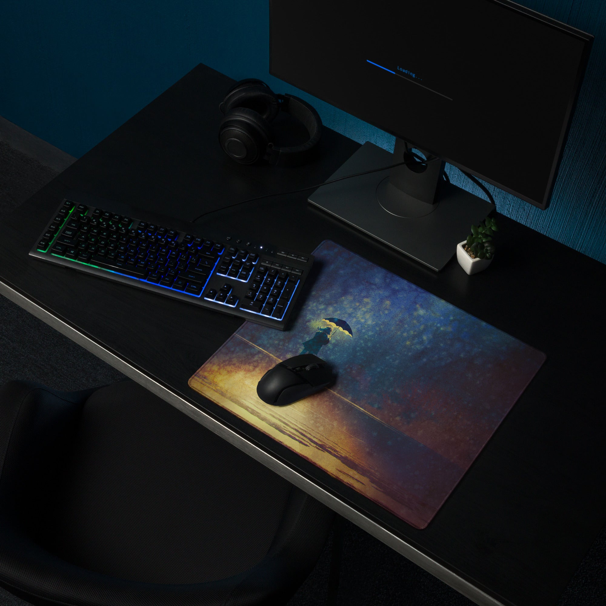 Gaming Mouse Pad Navy Blue And Amber Gradient With Umbrella Silhouette For Gaming Desk Moody Cinematic Art Style