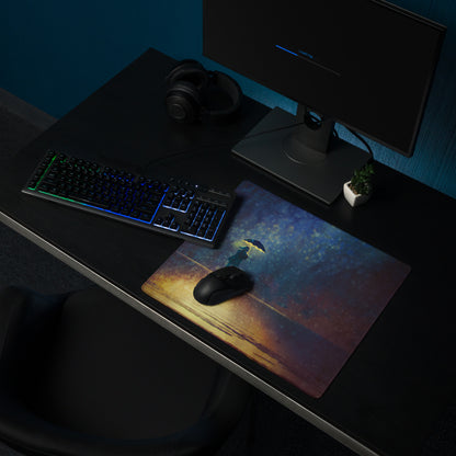 Gaming Mouse Pad Navy Blue And Amber Gradient With Umbrella Silhouette For Gaming Desk Moody Cinematic Art Style