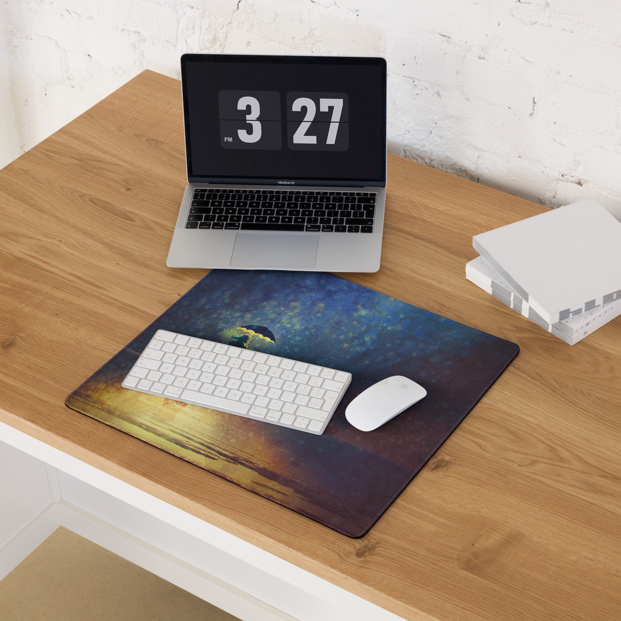 Gaming Mouse Pad Navy Blue And Amber Gradient With Umbrella Silhouette For Gaming Desk Moody Cinematic Art Style