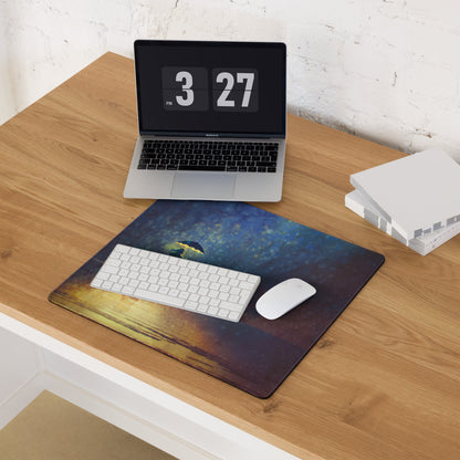 Gaming Mouse Pad Navy Blue And Amber Gradient With Umbrella Silhouette For Gaming Desk Moody Cinematic Art Style