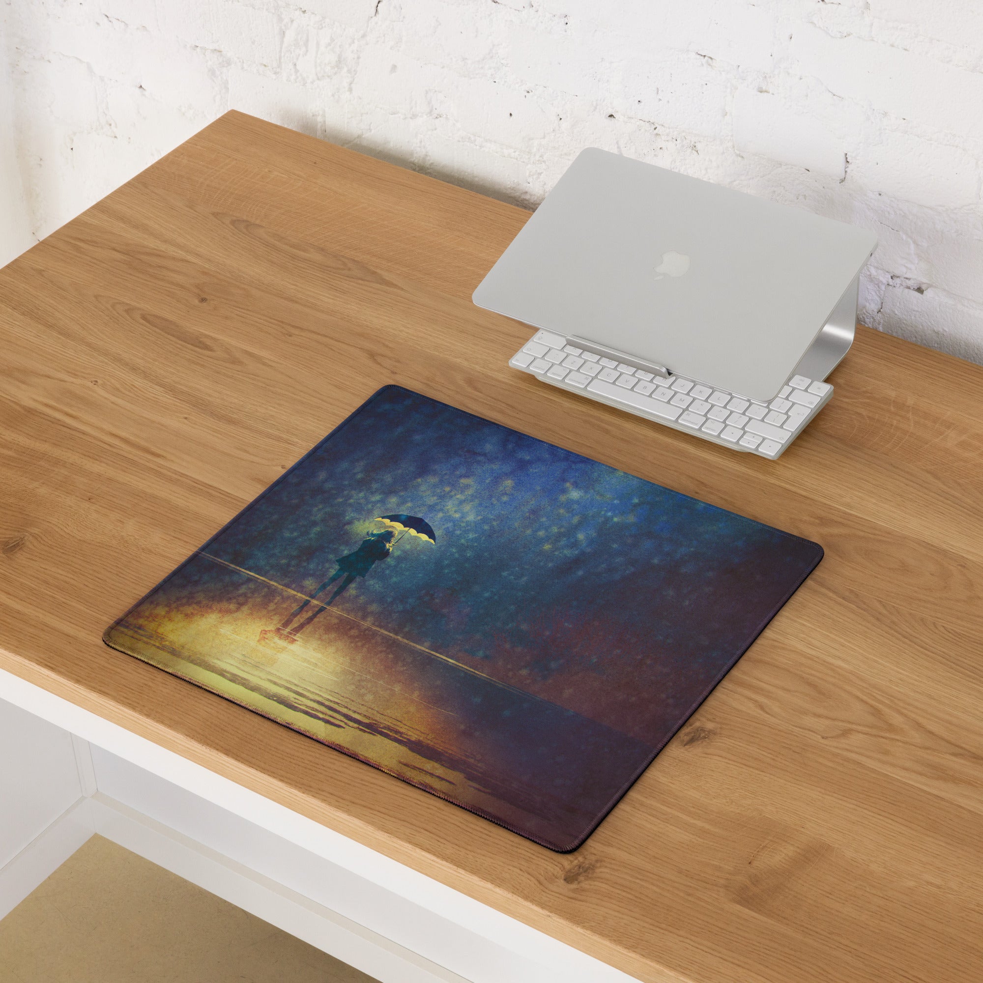 Gaming Mouse Pad Navy Blue And Amber Gradient With Umbrella Silhouette For Gaming Desk Moody Cinematic Art Style