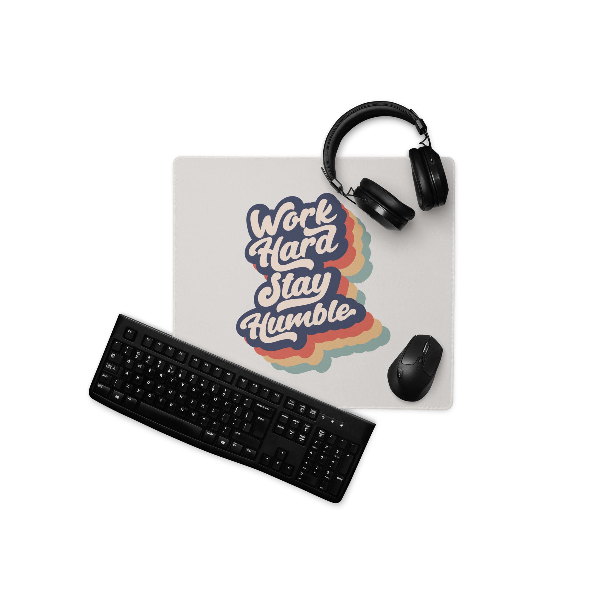 Motivational Rainbow Mouse Pad For Desk And Gaming Setup With Work Hard Stay Humble Retro Pop Art Style