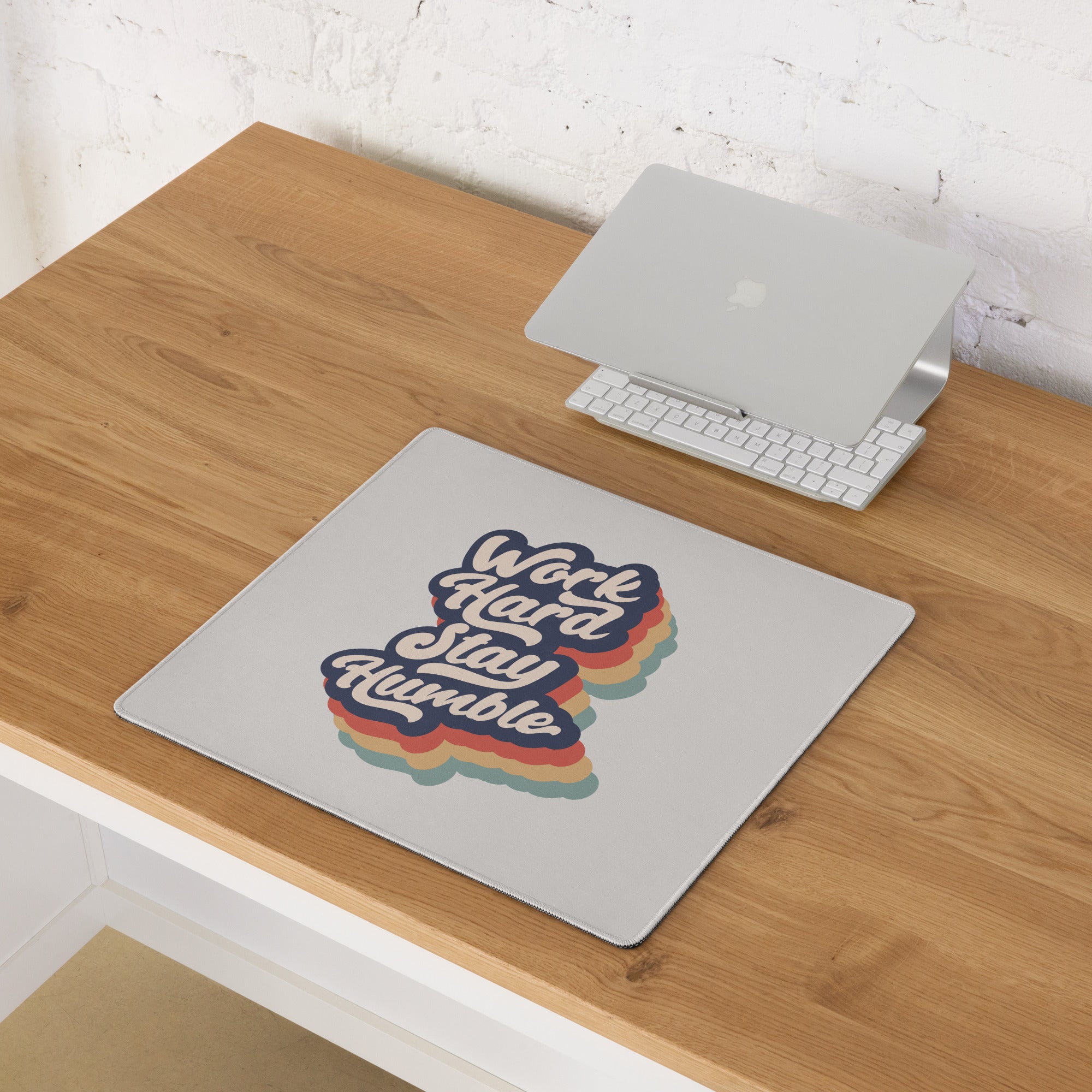 Motivational Rainbow Mouse Pad For Desk And Gaming Setup With Work Hard Stay Humble Retro Pop Art Style