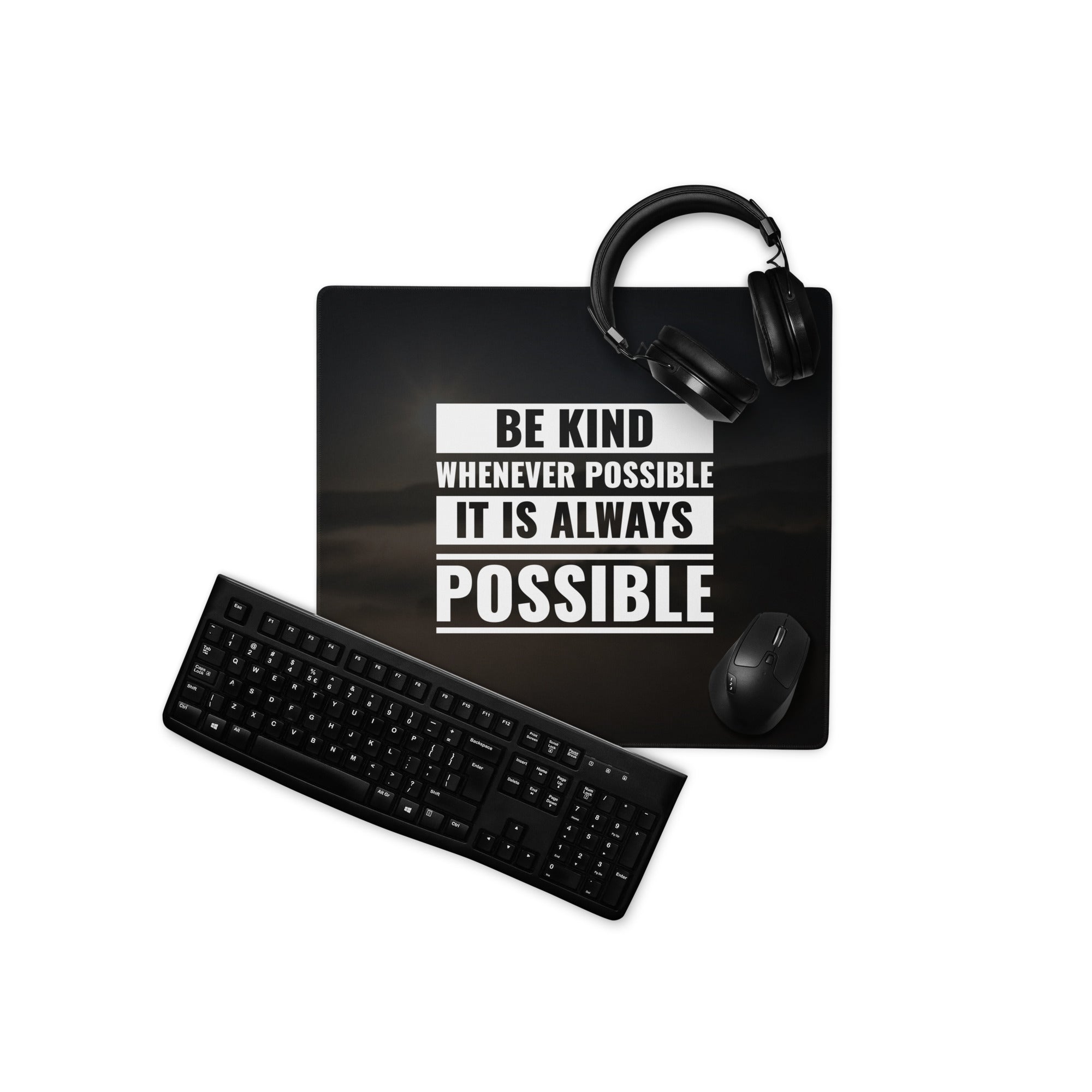 Be Kind Large Gaming Mouse Pad Black Desk Mat With Non Slip Surface Motivational Typography Office Decor