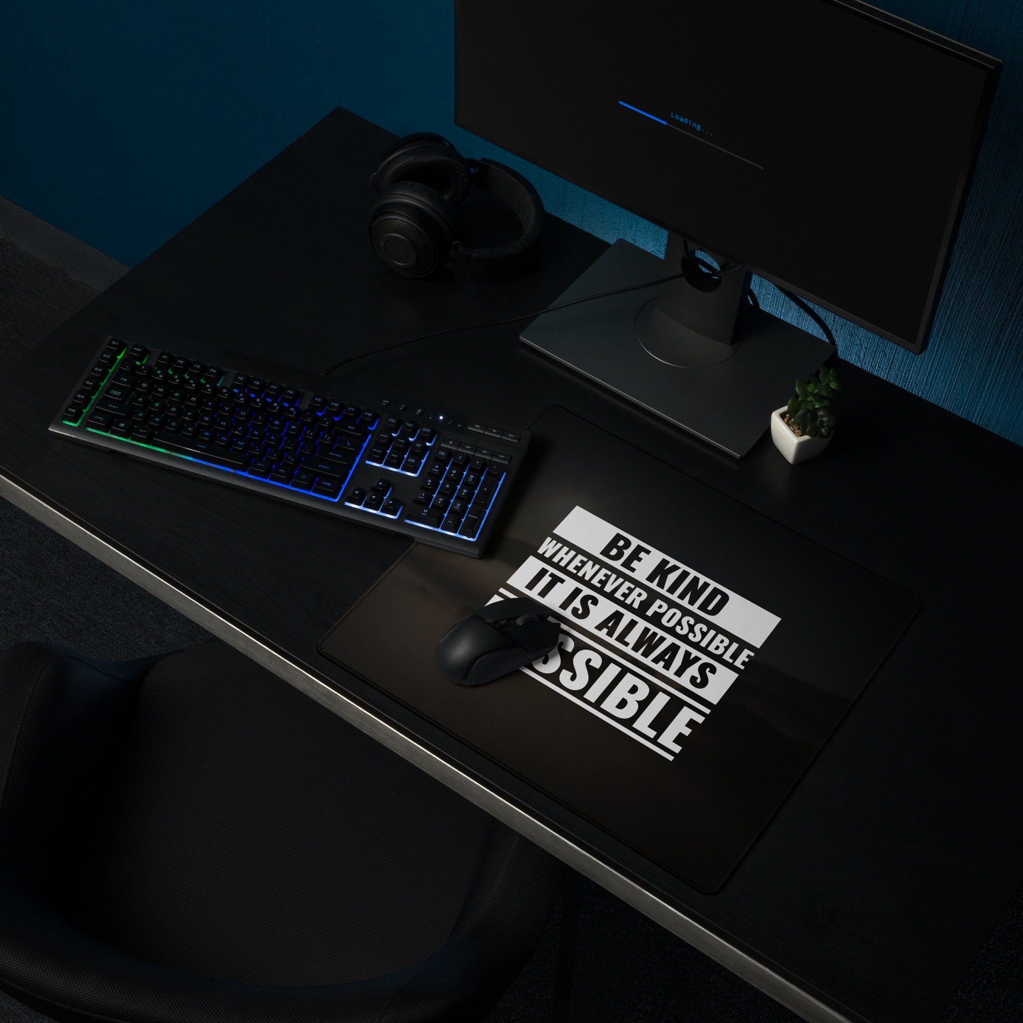 Be Kind Large Gaming Mouse Pad Black Desk Mat With Non Slip Surface Motivational Typography Office Decor