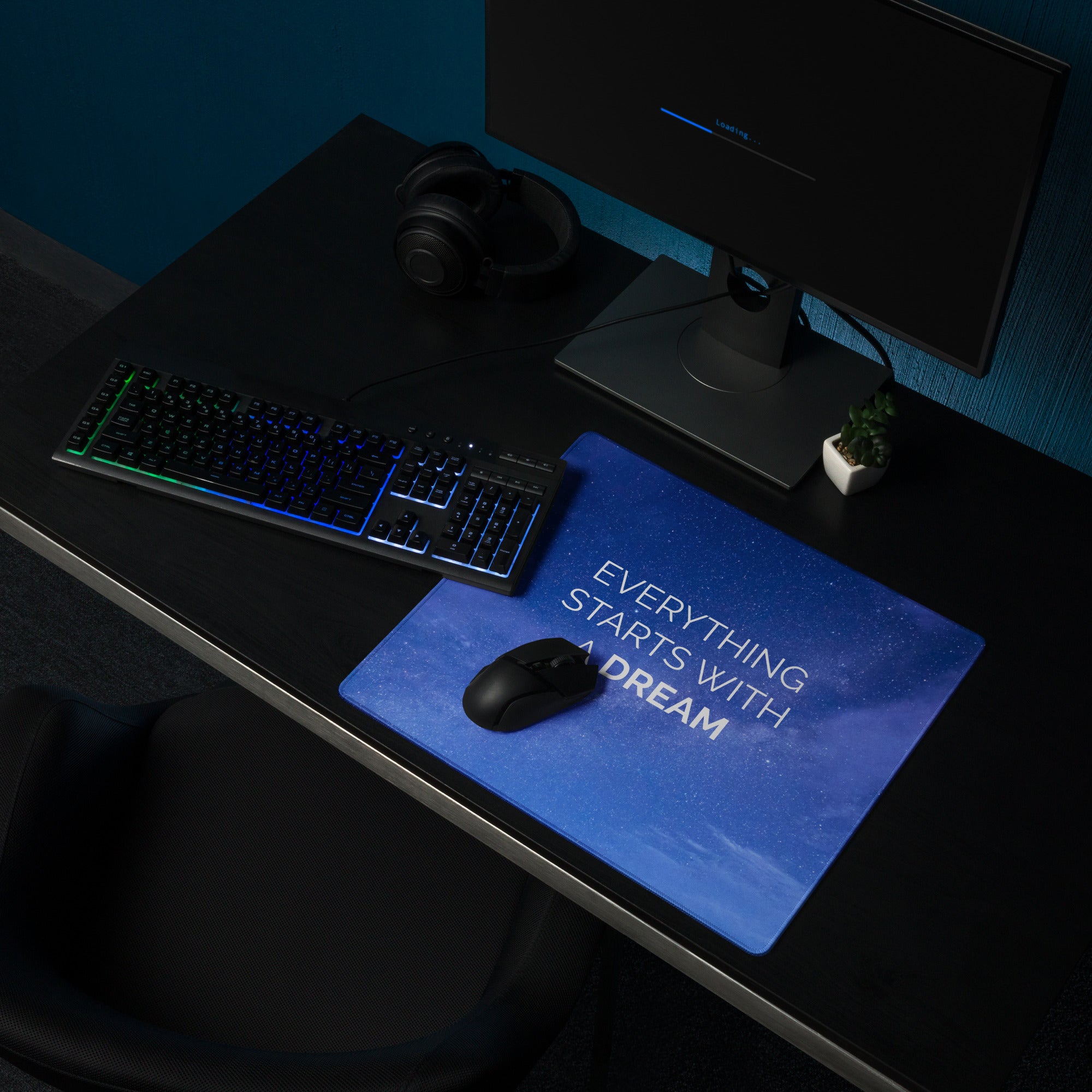 Gaming Mouse Pad Blue Galaxy Desk Setup Modern Cosmic Style Inspirational Quote Everything Starts With A Dream