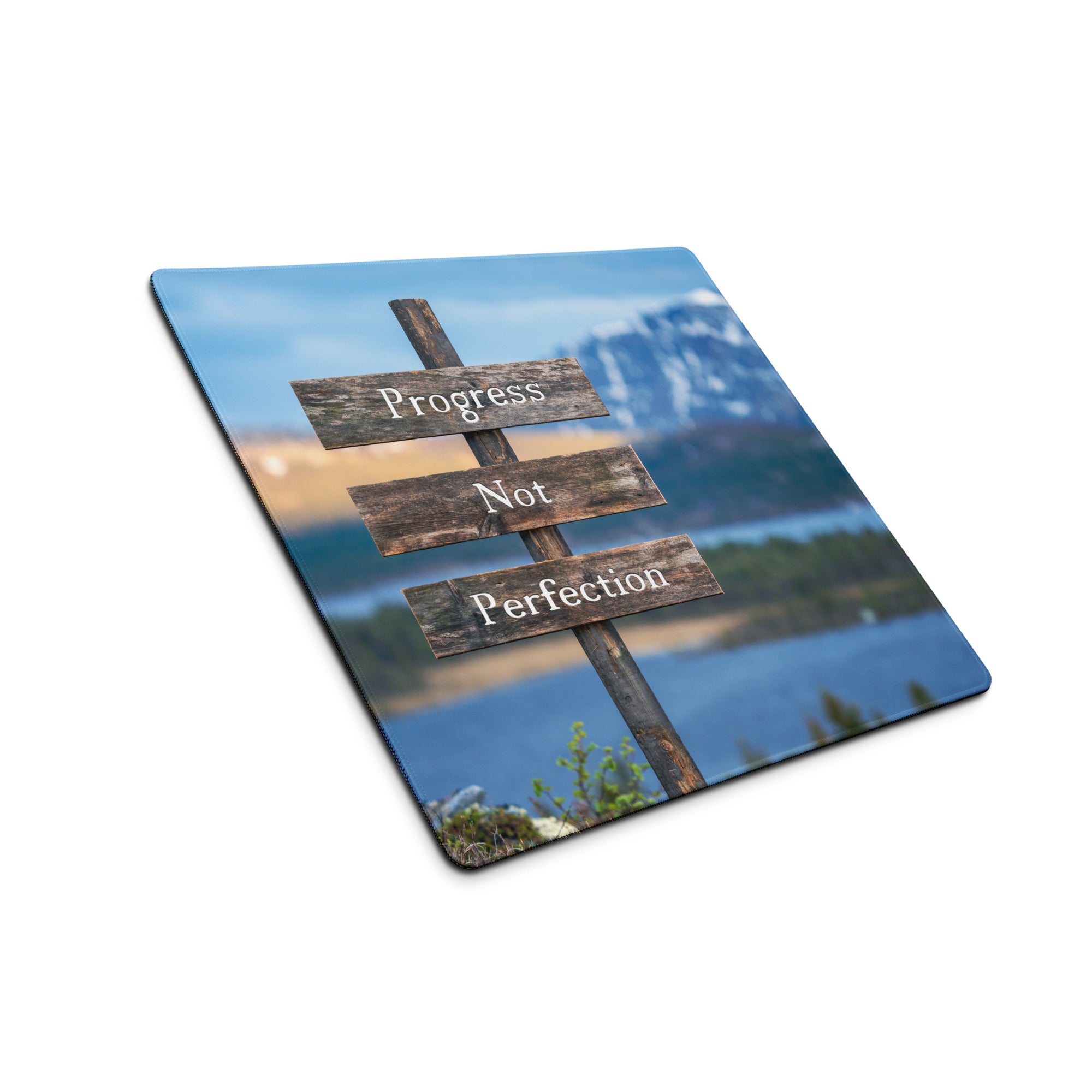 Progress Not Perfection Mouse Pad Rustic Wooden Sign Desk Brown Blue For Home Office Motivational Decor