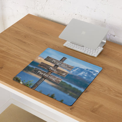 Progress Not Perfection Mouse Pad Rustic Wooden Sign Desk Brown Blue For Home Office Motivational Decor