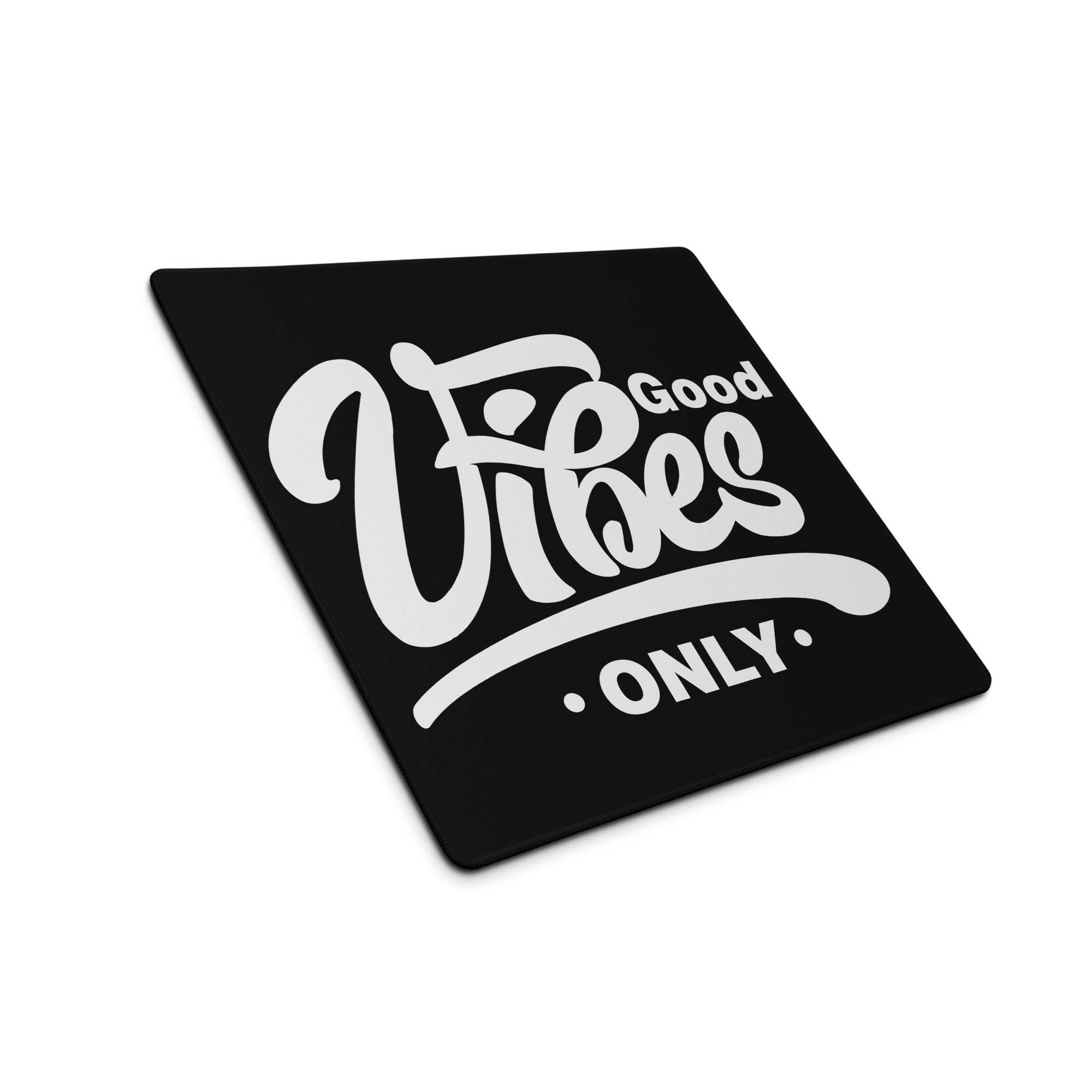 Black rectangular gaming mouse pad with white cursive good vibes only text minimalist desk decor design