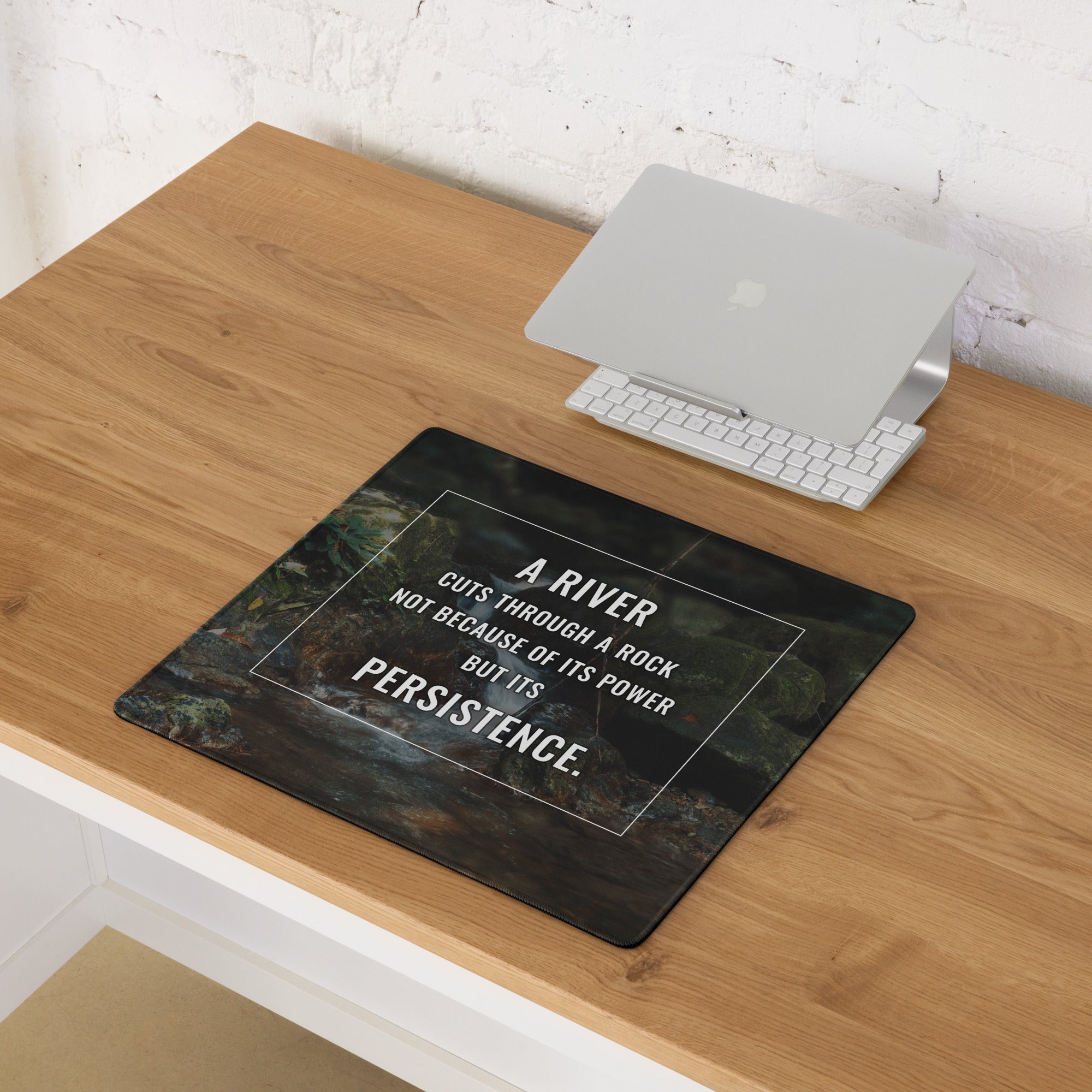 River Landscape Motivational Mouse Pad in Forest Greens for Desk Office with Modern Typography