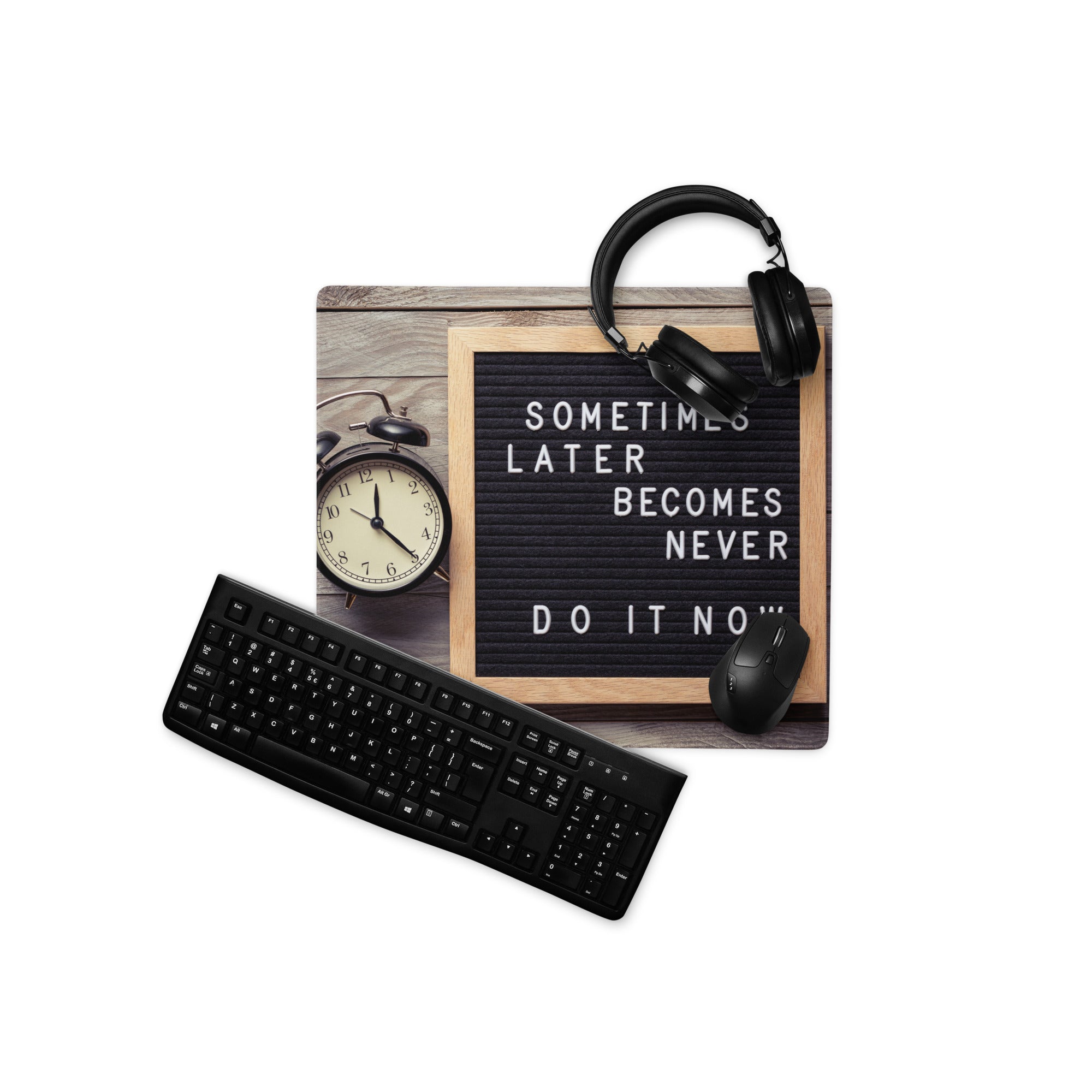 Motivational Mouse Pad With Letter Board Design In Black Surface And Natural Wood Frame For Desk Office Decor