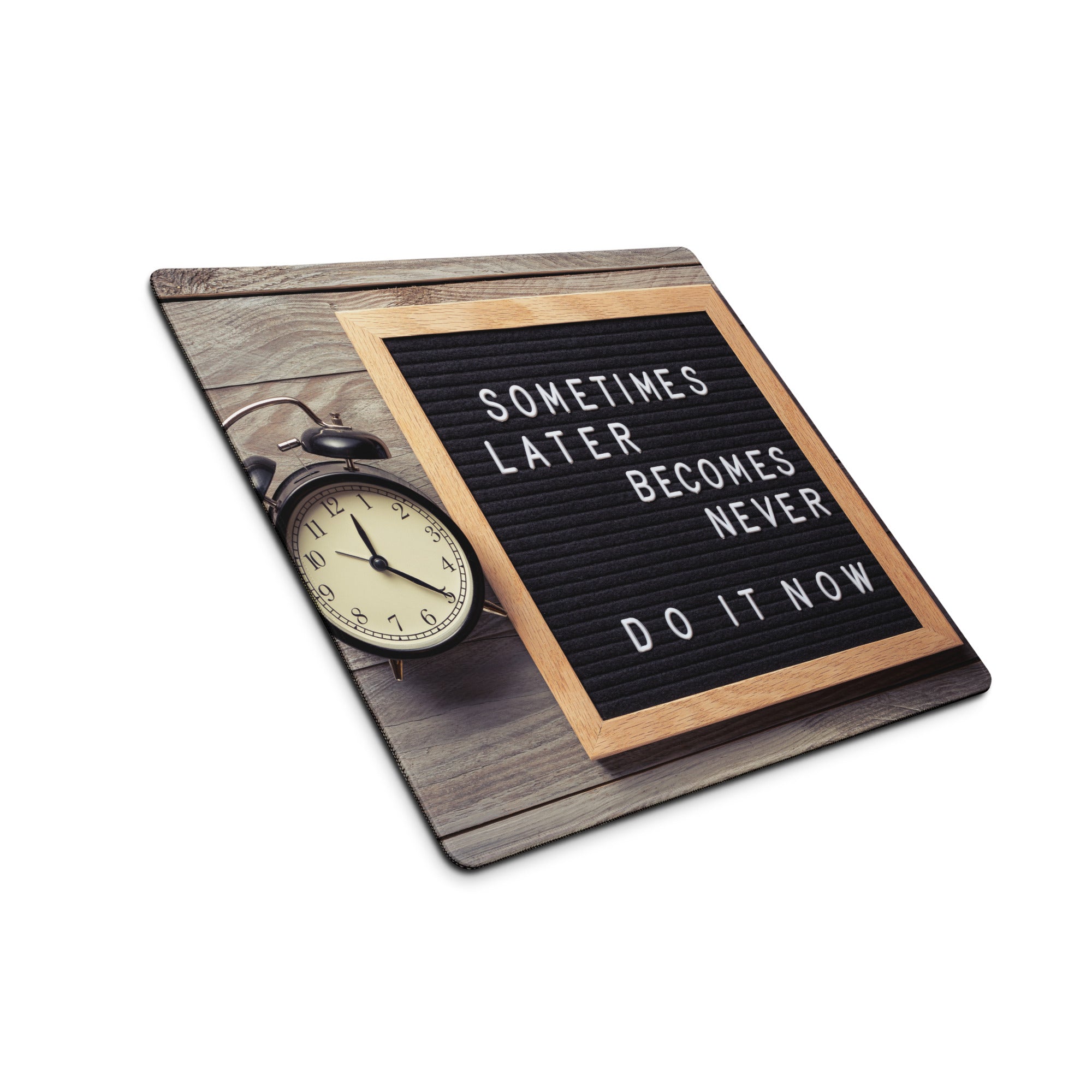 Motivational Mouse Pad With Letter Board Design In Black Surface And Natural Wood Frame For Desk Office Decor