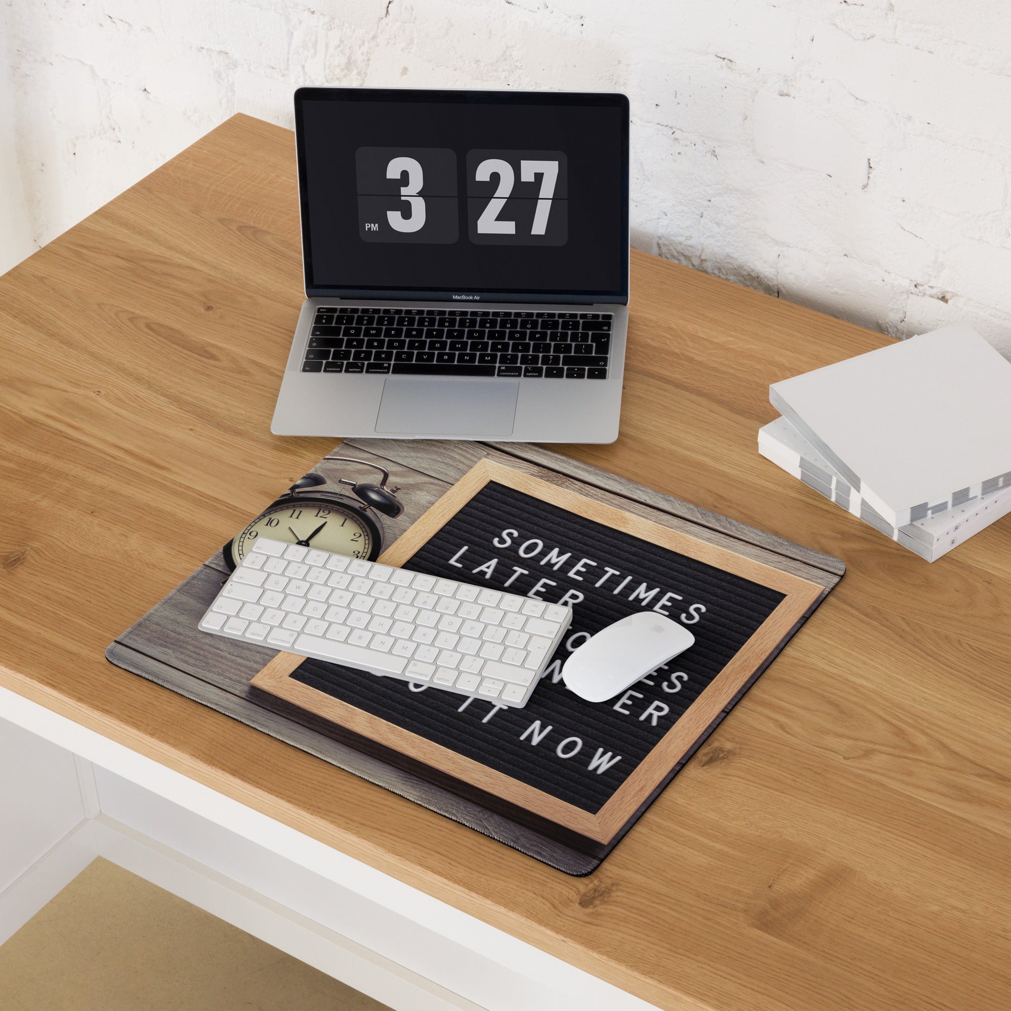 Motivational Mouse Pad With Letter Board Design In Black Surface And Natural Wood Frame For Desk Office Decor