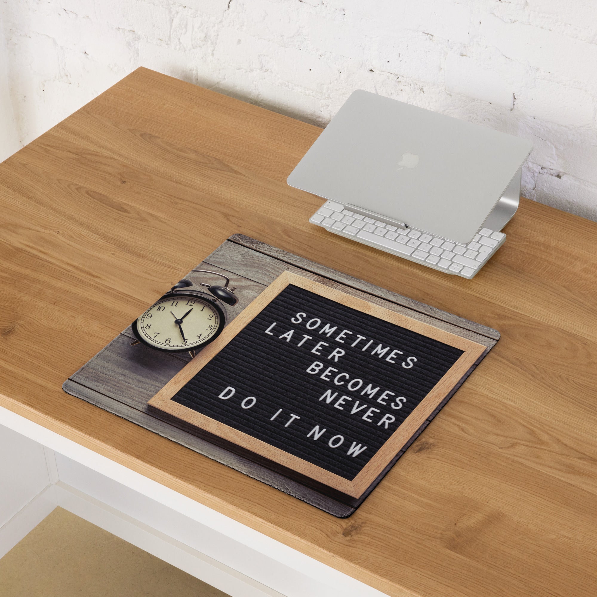 Motivational Mouse Pad With Letter Board Design In Black Surface And Natural Wood Frame For Desk Office Decor
