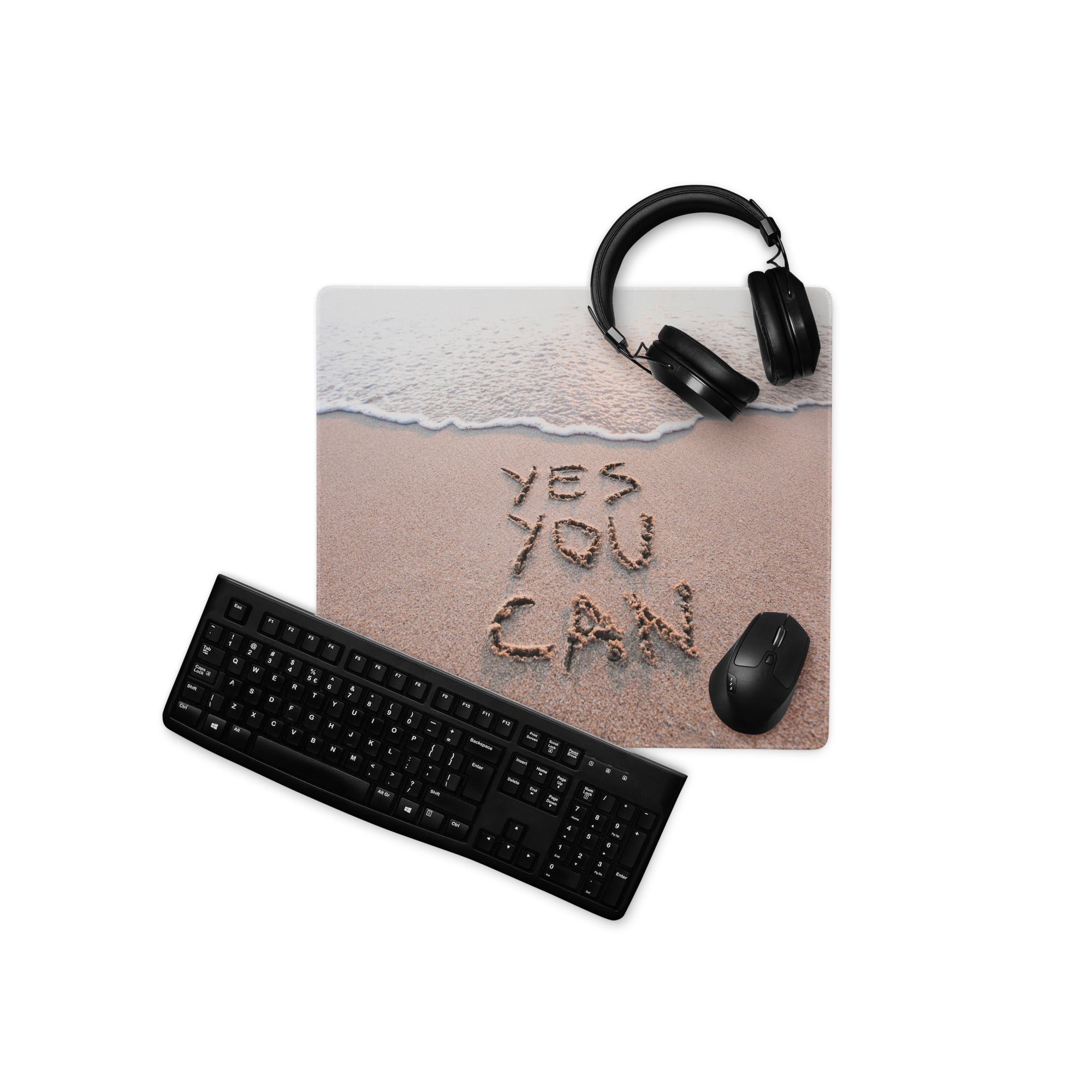 Beige Sand And Ocean Blue Motivational Mouse Pad For Desk Modern Large Gaming Mat Non Slip Edge Stitch Yes You Can