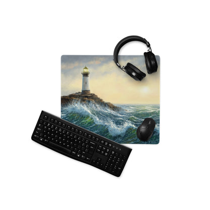 Coastal Lighthouse Sunset Pad - Lighthouse Ocean Blues Gold Impressionist Desk Calm Desk Mat Oil