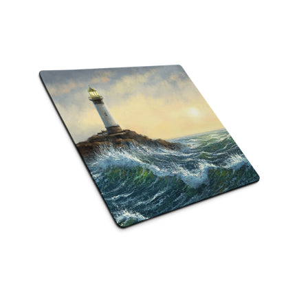 Coastal Lighthouse Sunset Pad - Lighthouse Ocean Blues Gold Impressionist Desk Calm Desk Mat Oil