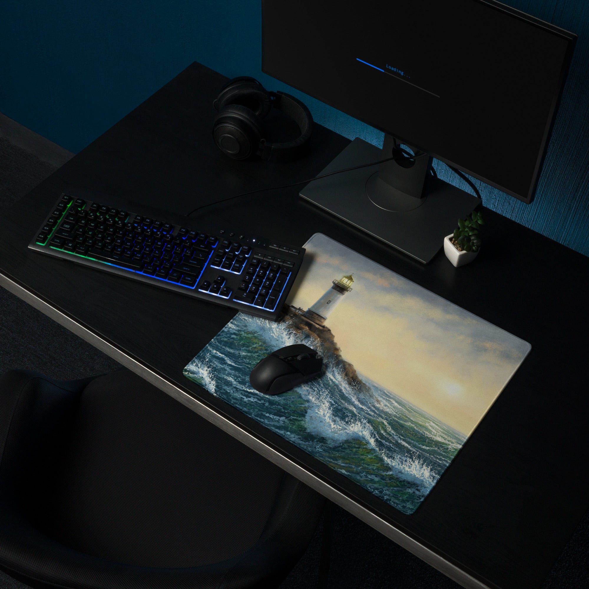 Coastal Lighthouse Sunset Pad - Lighthouse Ocean Blues Gold Impressionist Desk Calm Desk Mat Oil