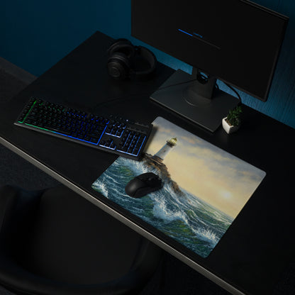 Coastal Lighthouse Sunset Pad - Lighthouse Ocean Blues Gold Impressionist Desk Calm Desk Mat Oil