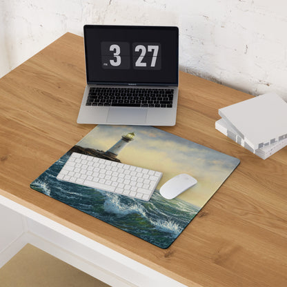 Coastal Lighthouse Sunset Pad - Lighthouse Ocean Blues Gold Impressionist Desk Calm Desk Mat Oil