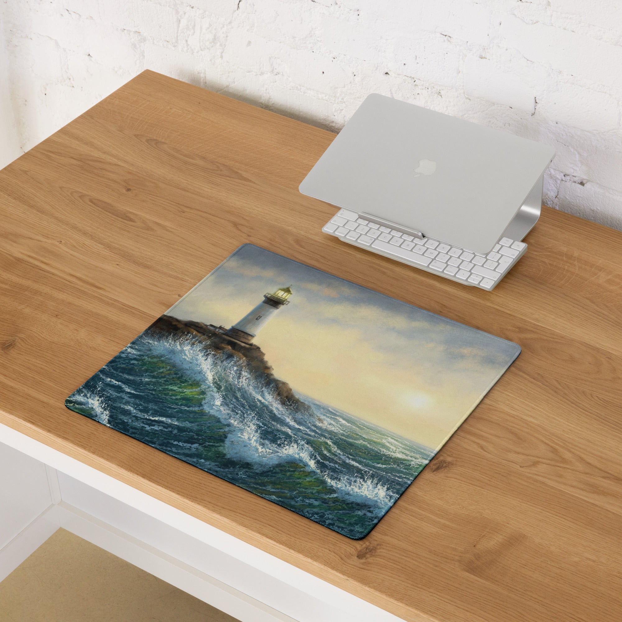 Coastal Lighthouse Sunset Pad - Lighthouse Ocean Blues Gold Impressionist Desk Calm Desk Mat Oil