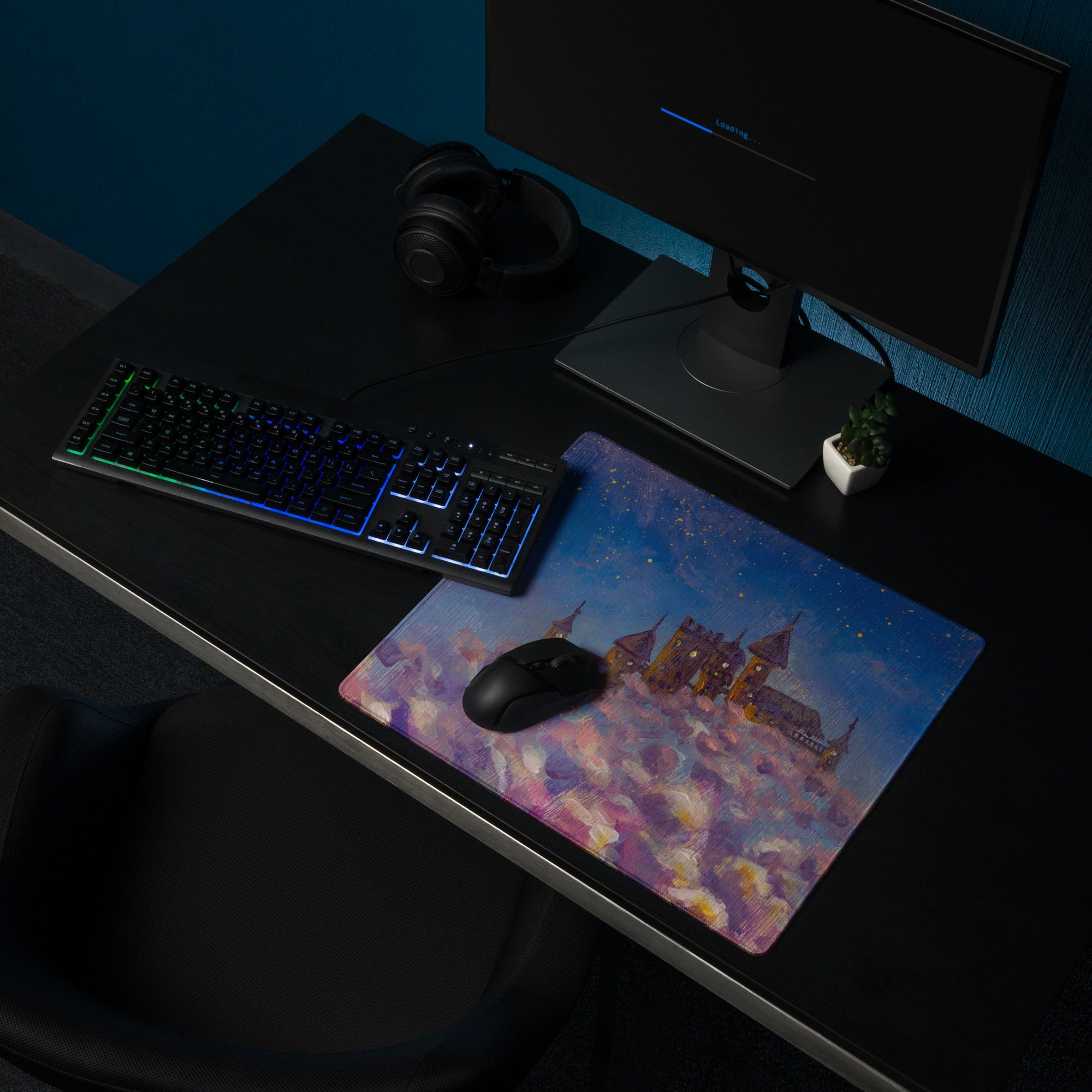 Nightfall Castle Art Mouse Pad - Castle Night Sky Blue Desk Pad Watercolor Dreamy Whimsical Decor Style Niche PC Gaming