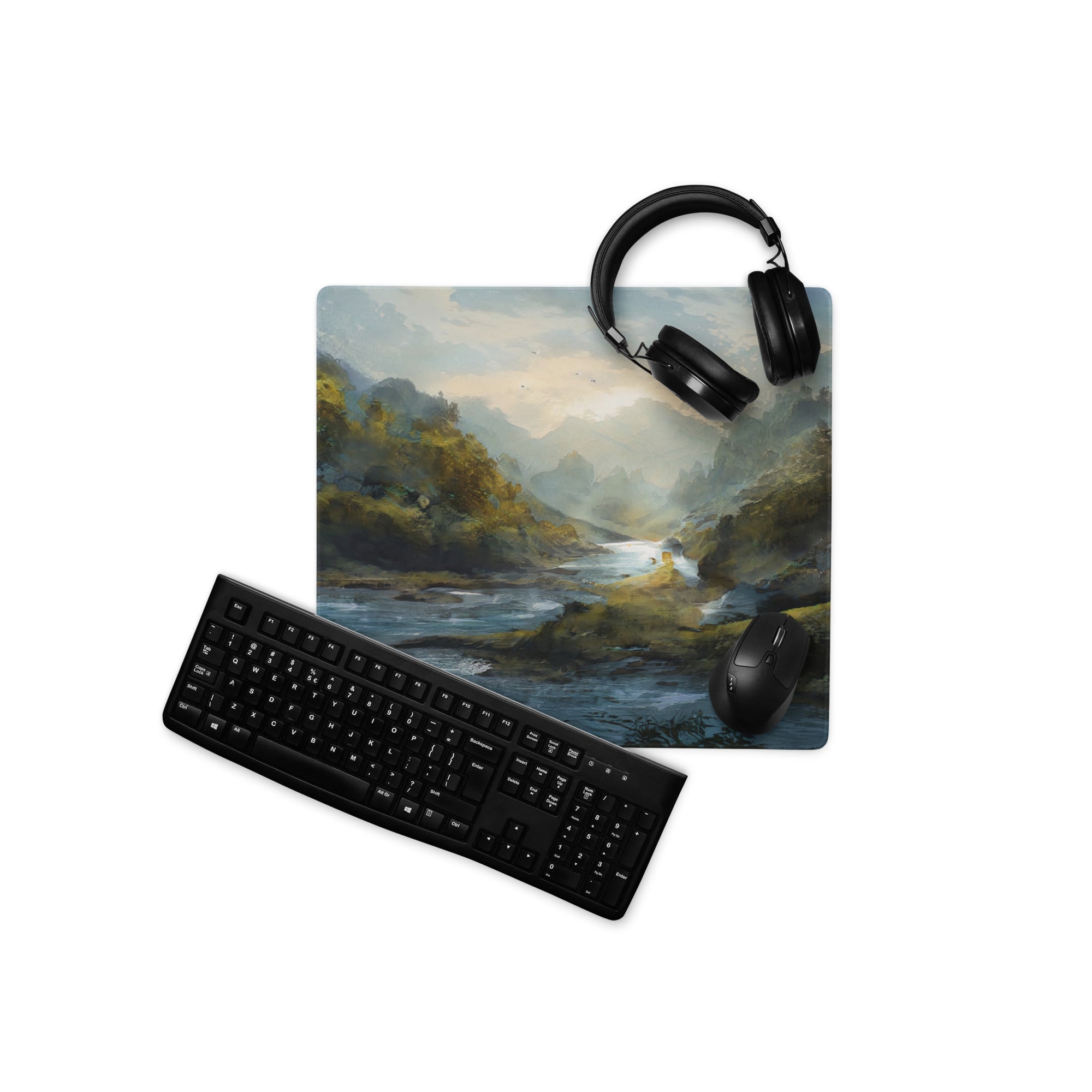 Nature Vista Landscape Gaming Pad - Landscape Blue Green Desk Setup Impressionist Oil Painting Mood Serene Rustic