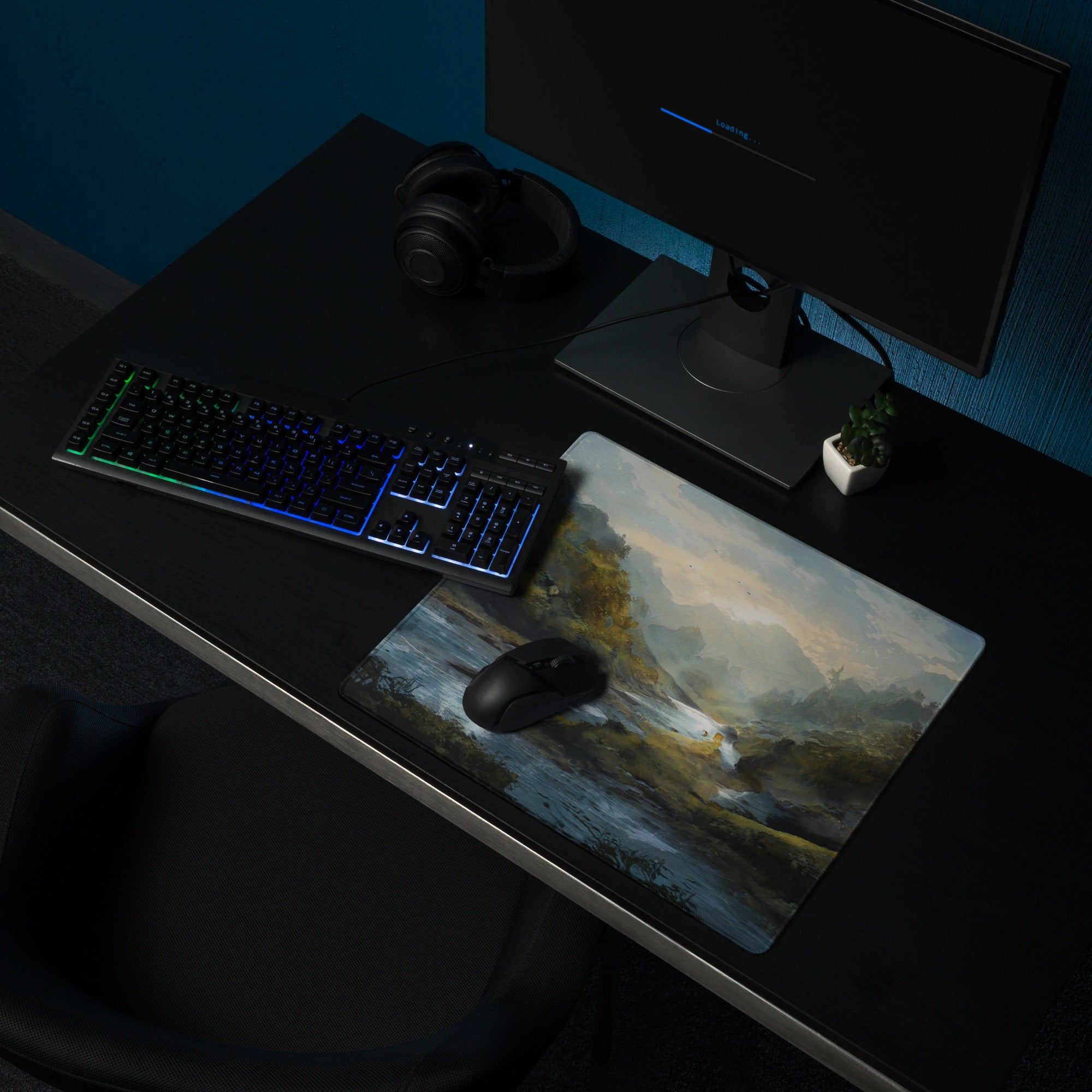 Nature Vista Landscape Gaming Pad - Landscape Blue Green Desk Setup Impressionist Oil Painting Mood Serene Rustic