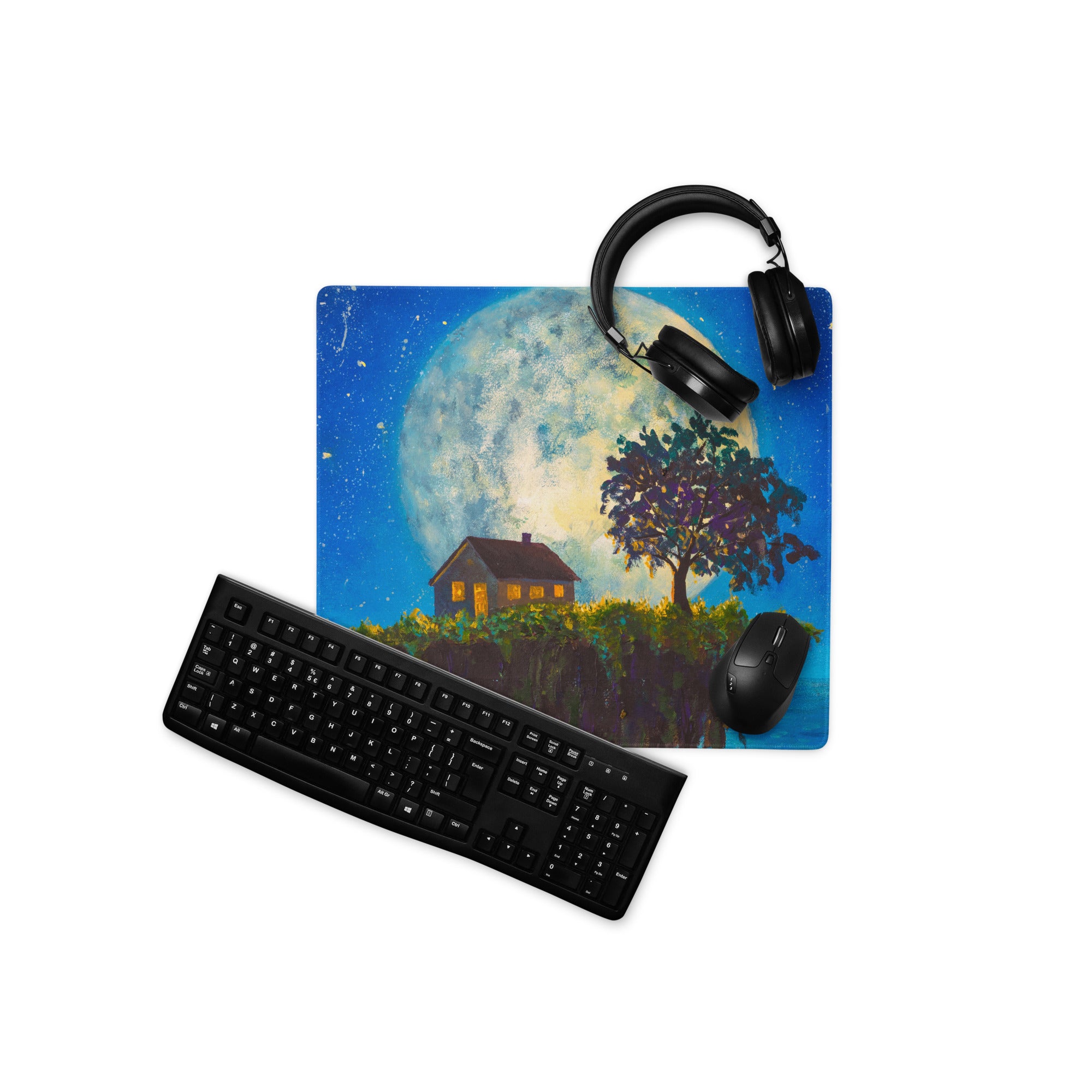 Moonlit Landscape Night Desk Pad - Moonlit Landscape Blue Night Sky Office Impressionist Dreamy Vintage Desk Oil