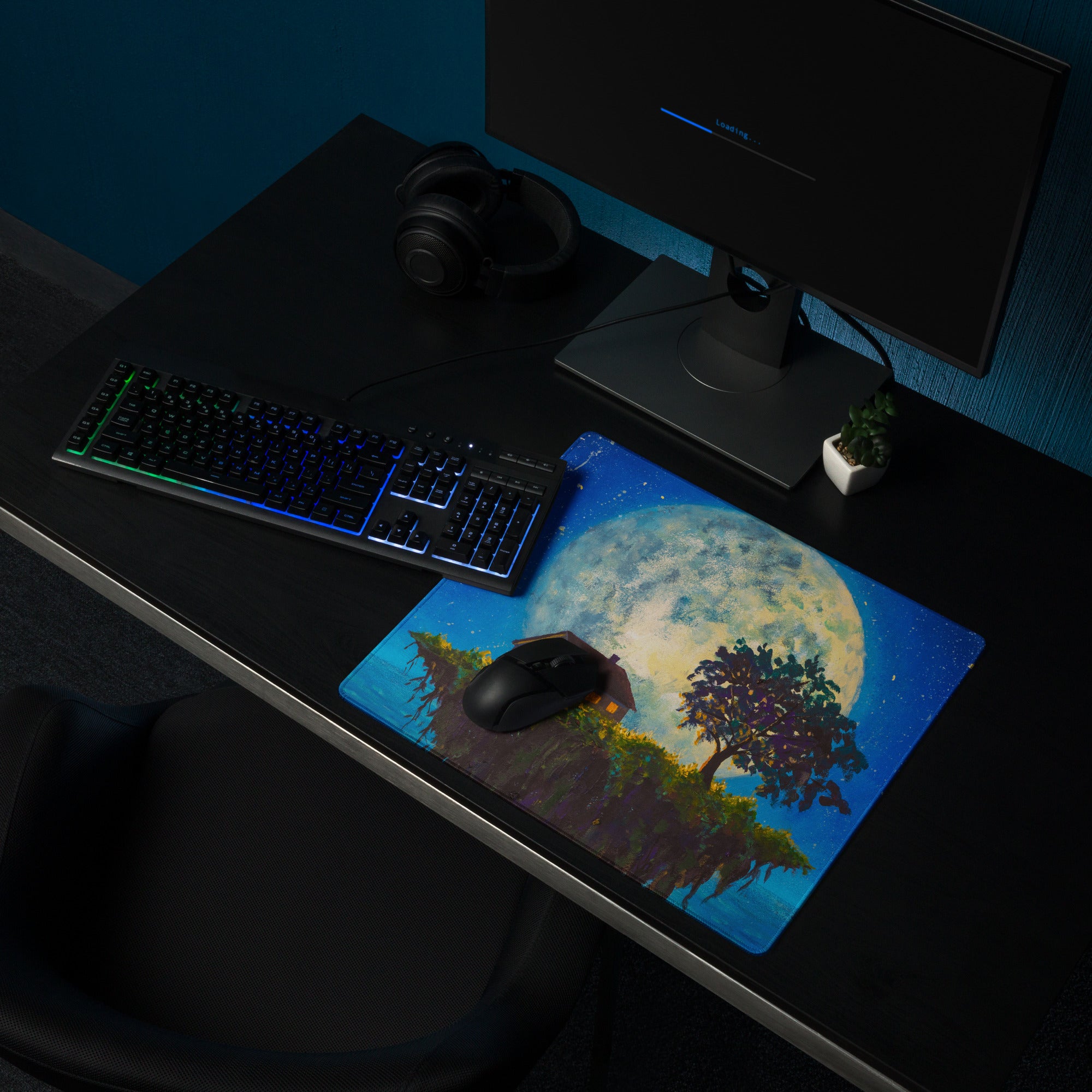 Moonlit Landscape Night Desk Pad - Moonlit Landscape Blue Night Sky Office Impressionist Dreamy Vintage Desk Oil
