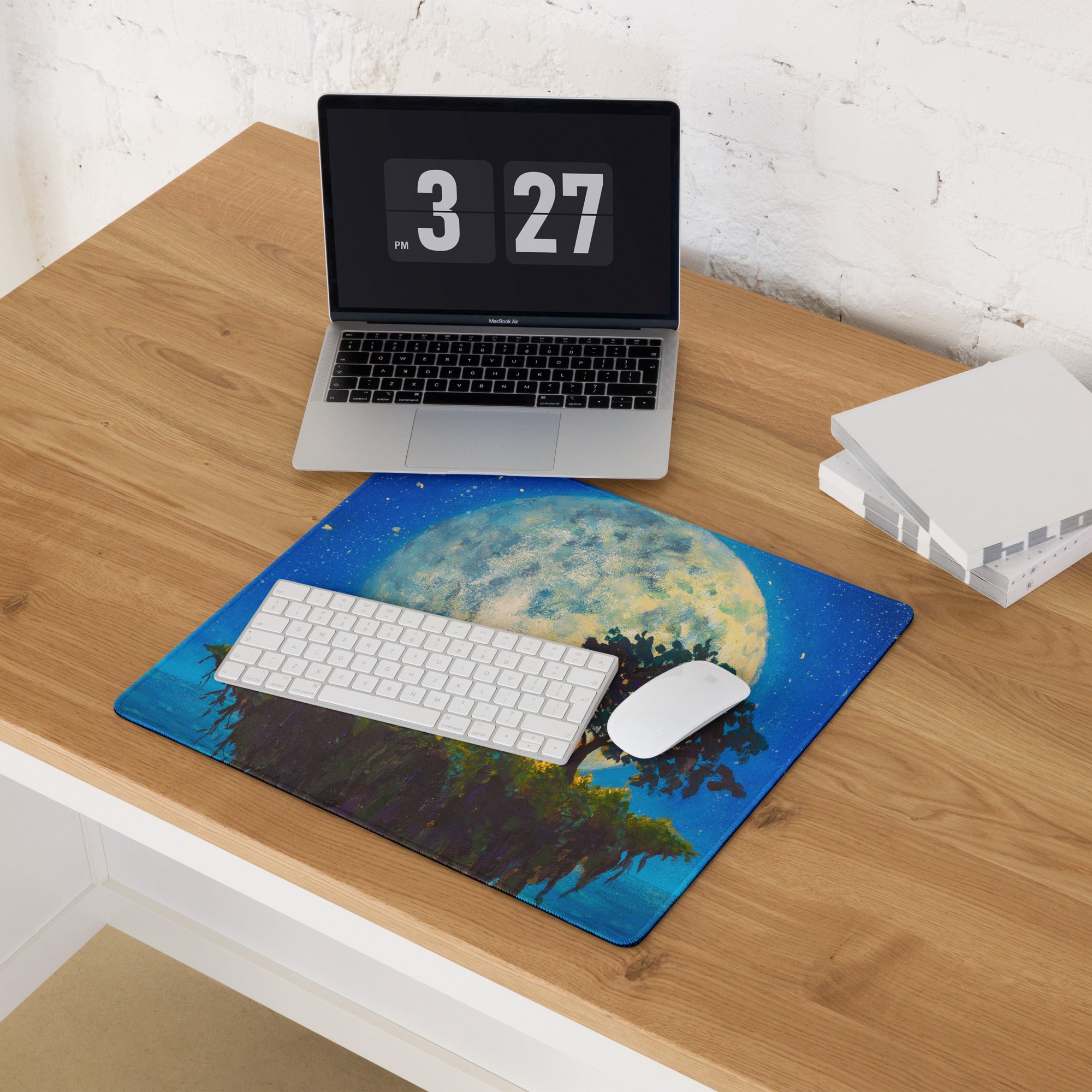 Moonlit Landscape Night Desk Pad - Moonlit Landscape Blue Night Sky Office Impressionist Dreamy Vintage Desk Oil