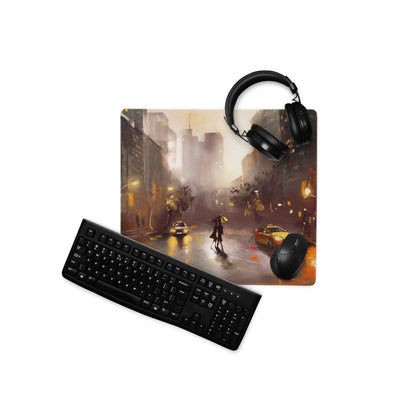 Urban Rain Cityscape Mouse Pad - City Street Blue Amber Neon Gaming Moody Urban Modern Digital Painting
