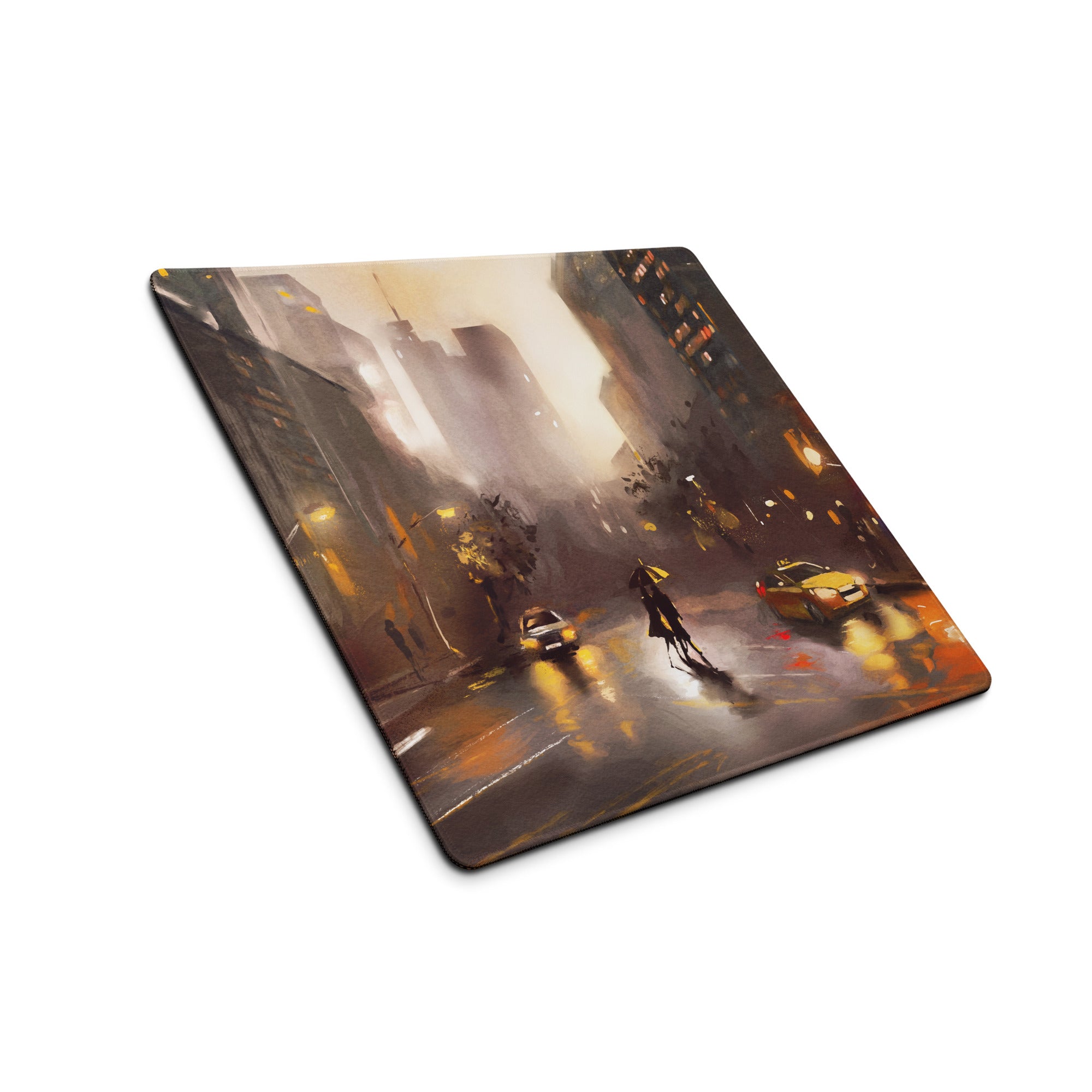 Urban Rain Cityscape Mouse Pad - City Street Blue Amber Neon Gaming Moody Urban Modern Digital Painting