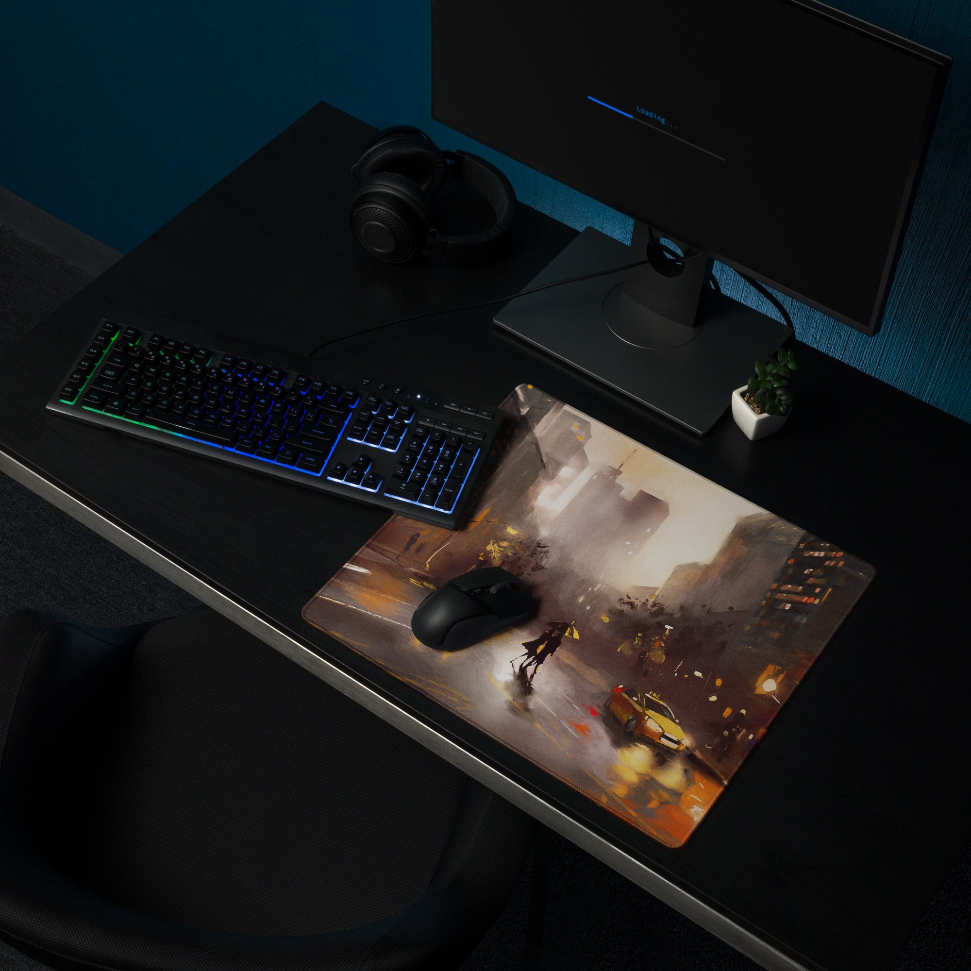 Urban Rain Cityscape Mouse Pad - City Street Blue Amber Neon Gaming Moody Urban Modern Digital Painting
