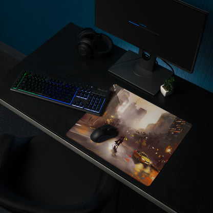 Urban Rain Cityscape Mouse Pad - City Street Blue Amber Neon Gaming Moody Urban Modern Digital Painting