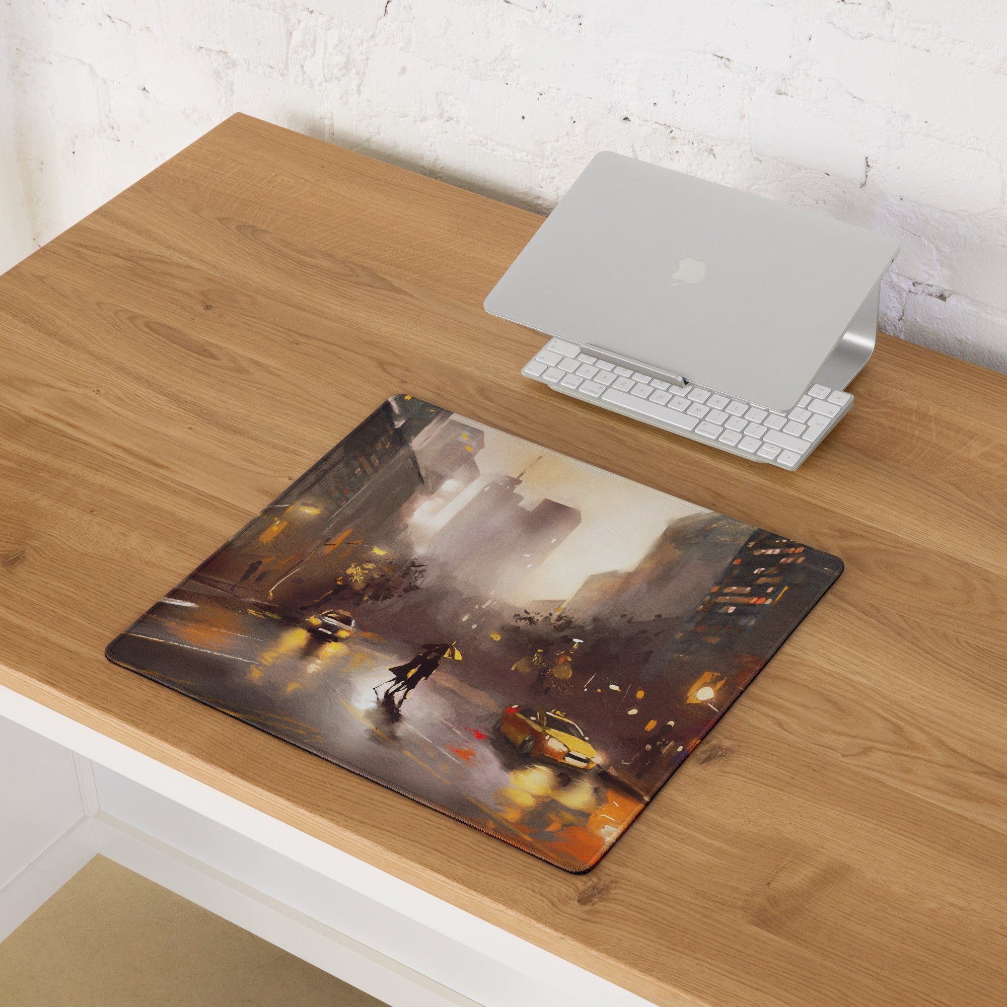 Urban Rain Cityscape Mouse Pad - City Street Blue Amber Neon Gaming Moody Urban Modern Digital Painting