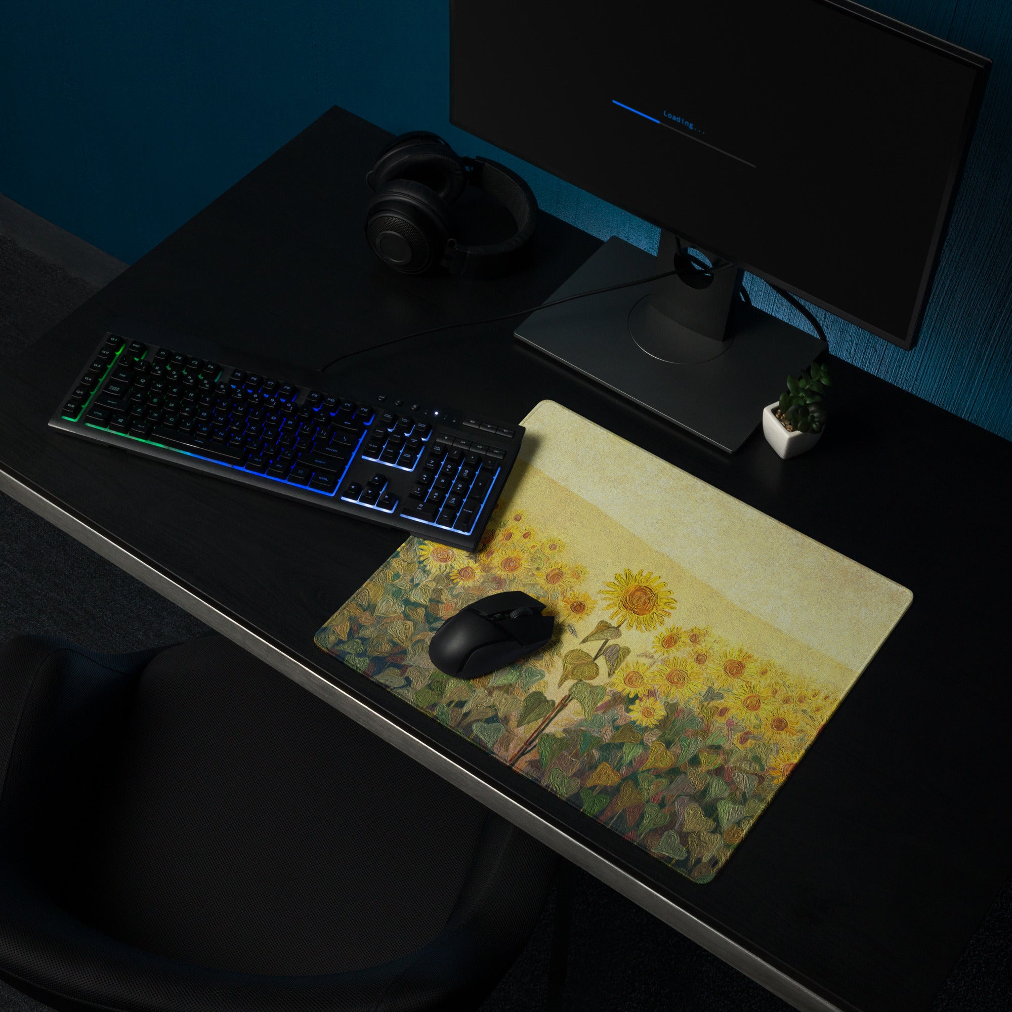 Sunflower Field Gaming Mouse Pad - Sunflower Field Yellow Desk Impressionist, Vibrant Mood, Office, DeskPad, Oil Painting